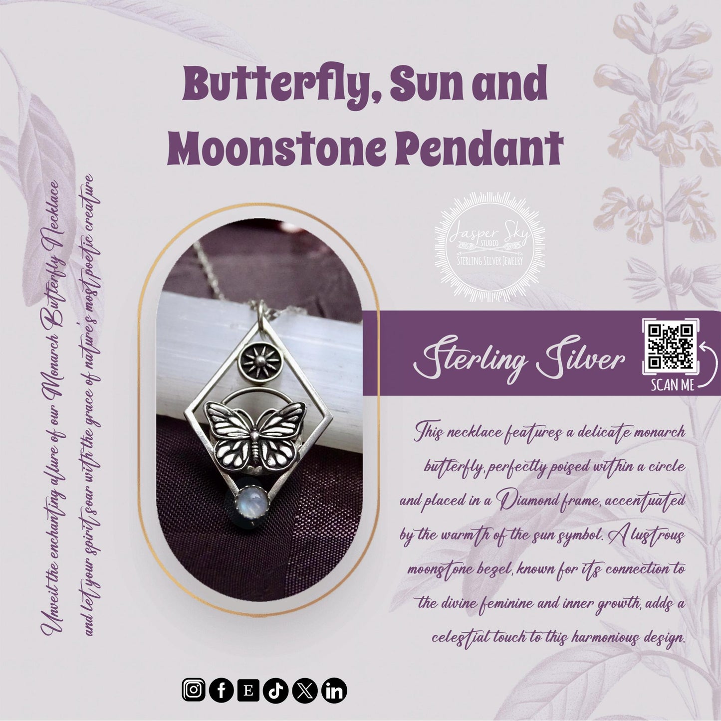 Monarch Butterfly Necklace with Sun - Sterling silver, Moonstone