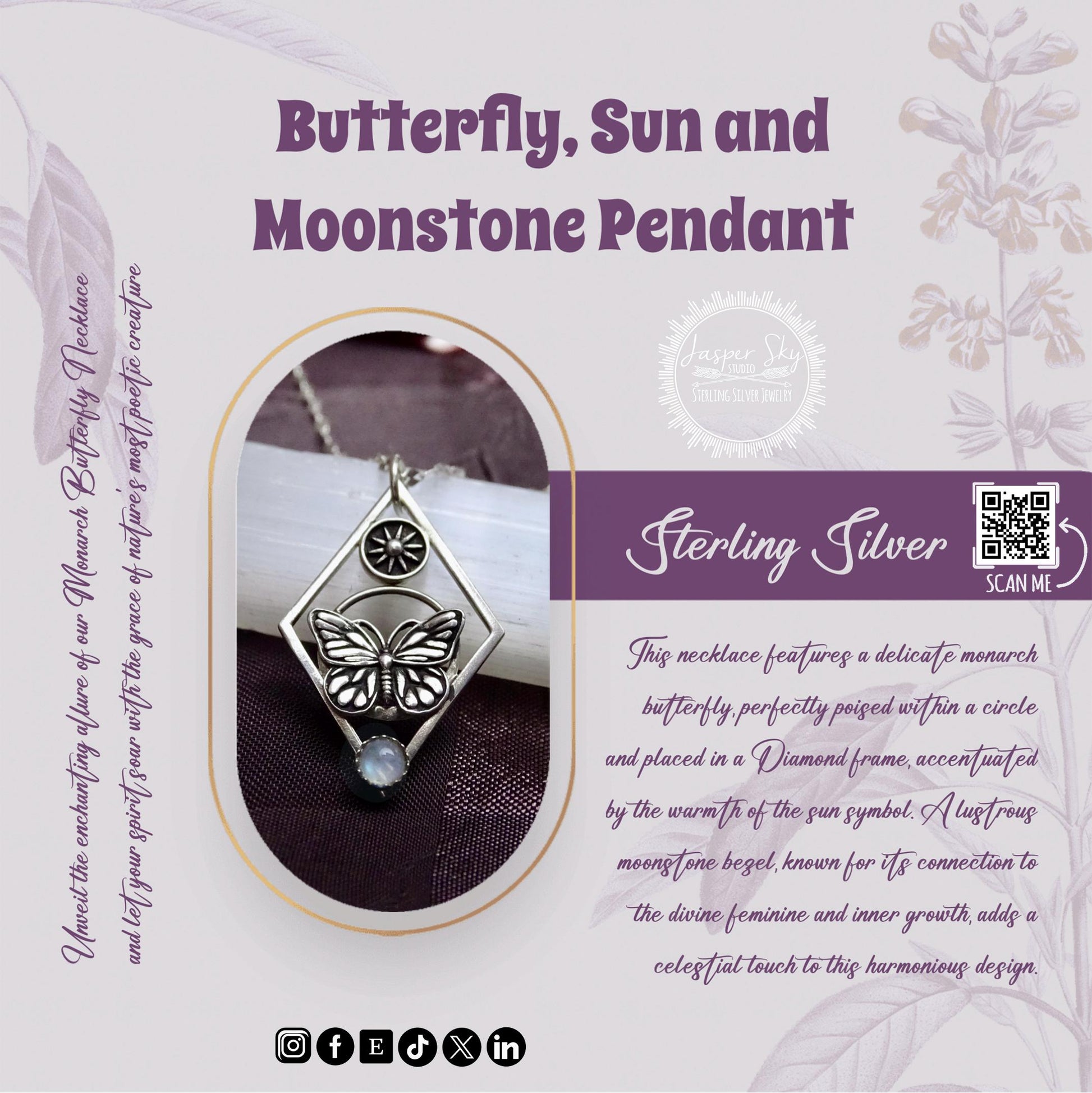 Monarch Butterfly Necklace with Sun - Sterling silver, Moonstone