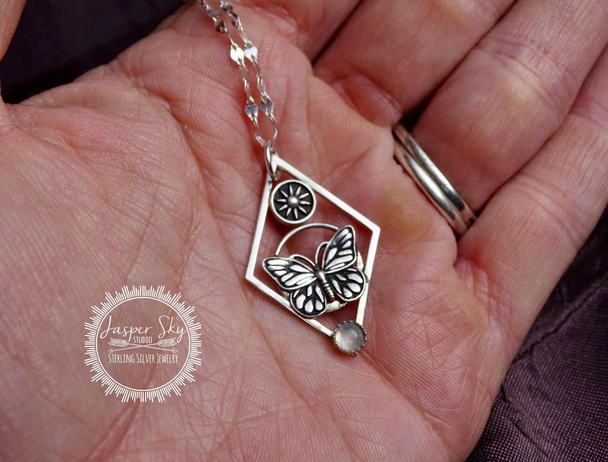 Monarch Butterfly Necklace with Sun - Sterling silver, Moonstone
