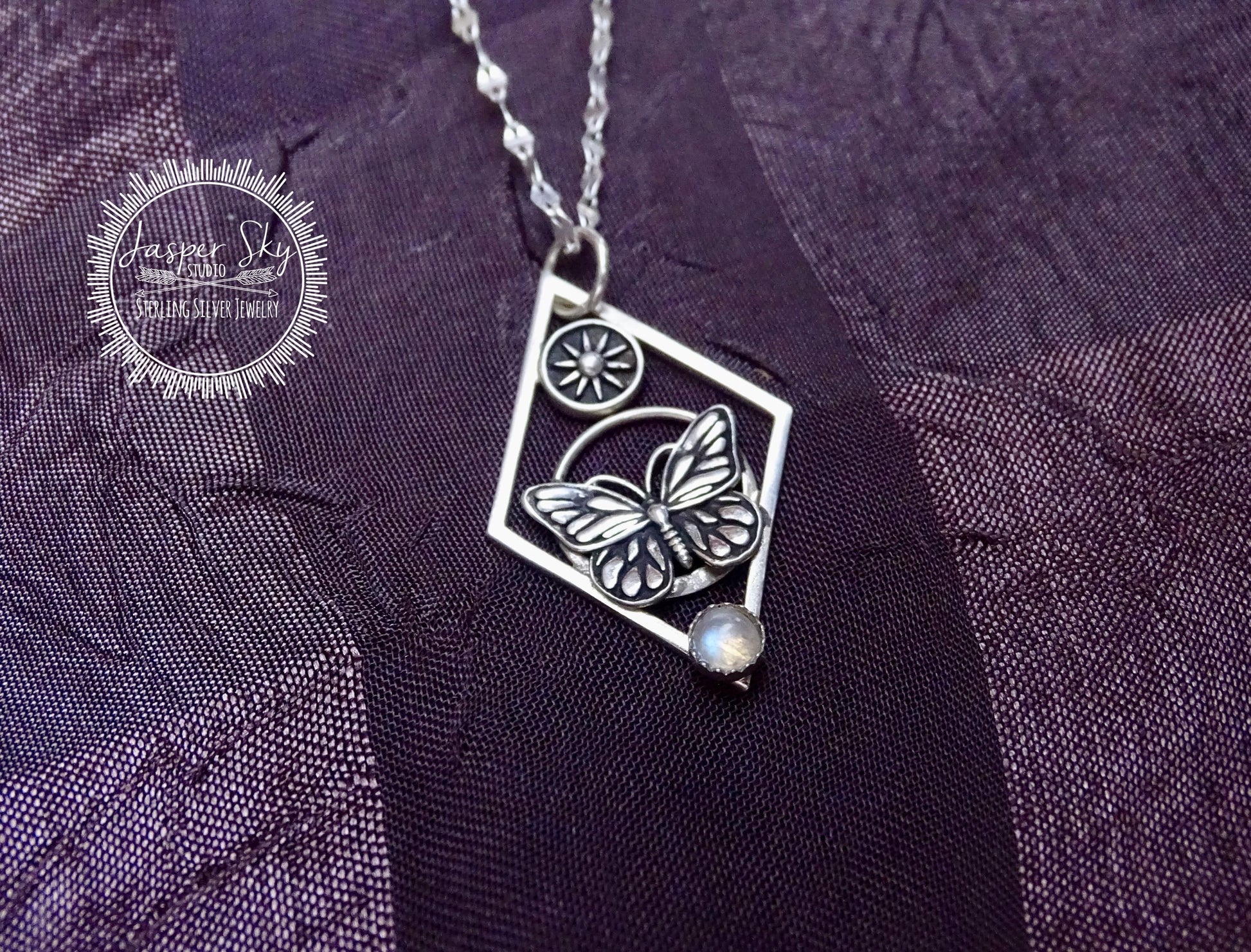 Monarch Butterfly Necklace with Sun - Sterling silver, Moonstone