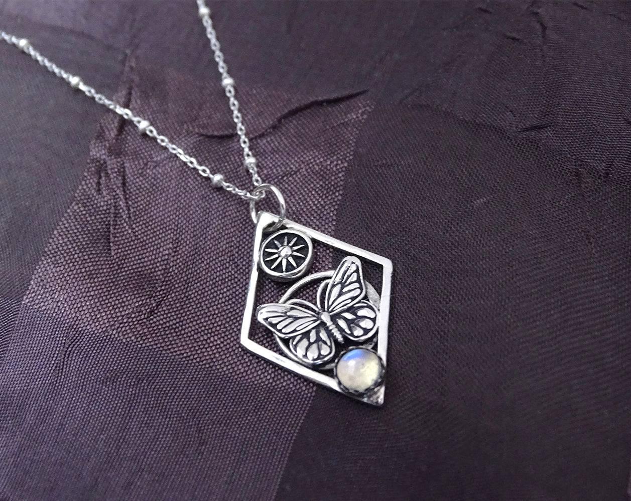 Monarch Butterfly Necklace with Sun - Sterling silver, Moonstone