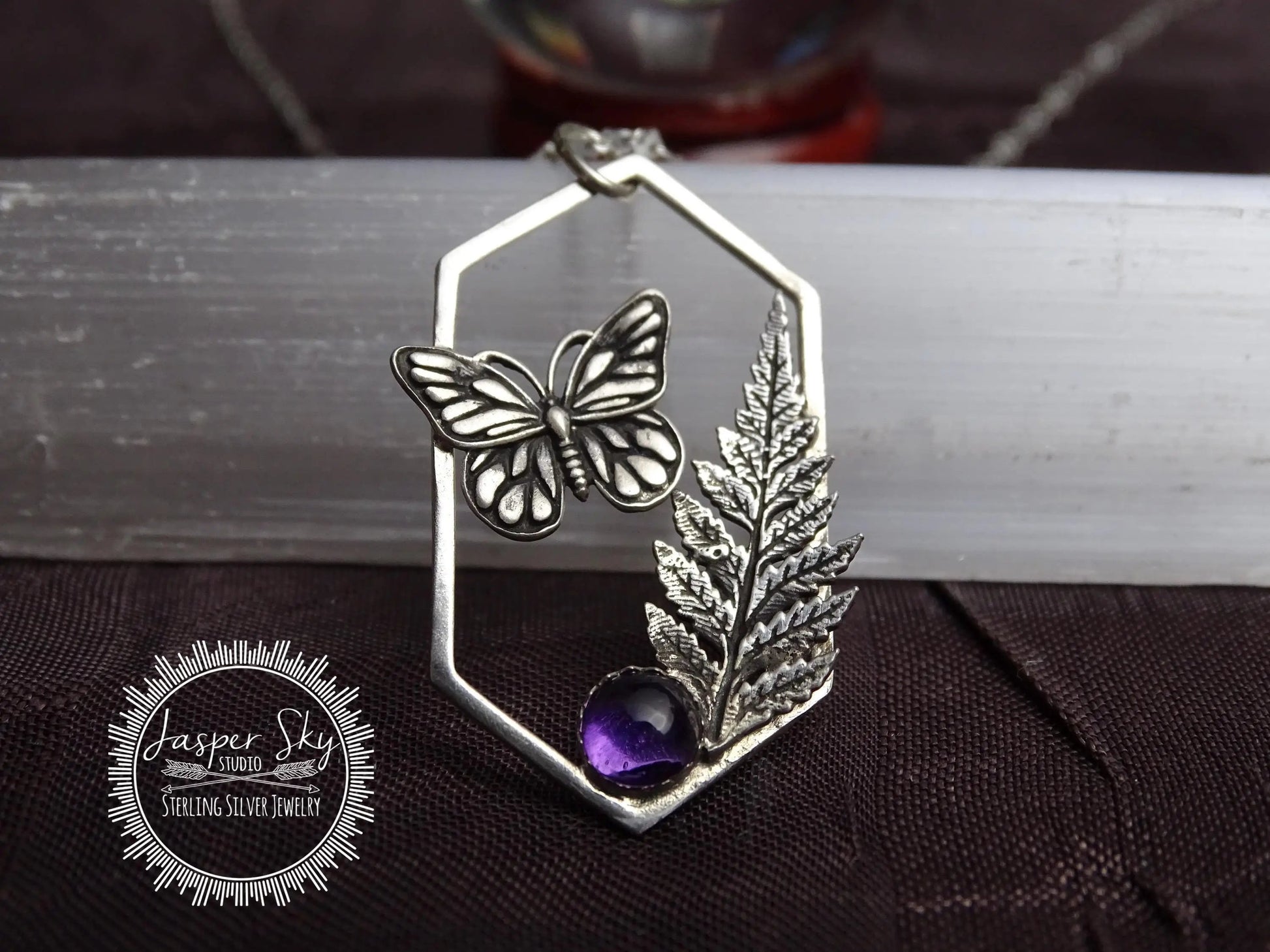 Butterfly Pendant, Monarch and Fern Leaf Design with Amethyst