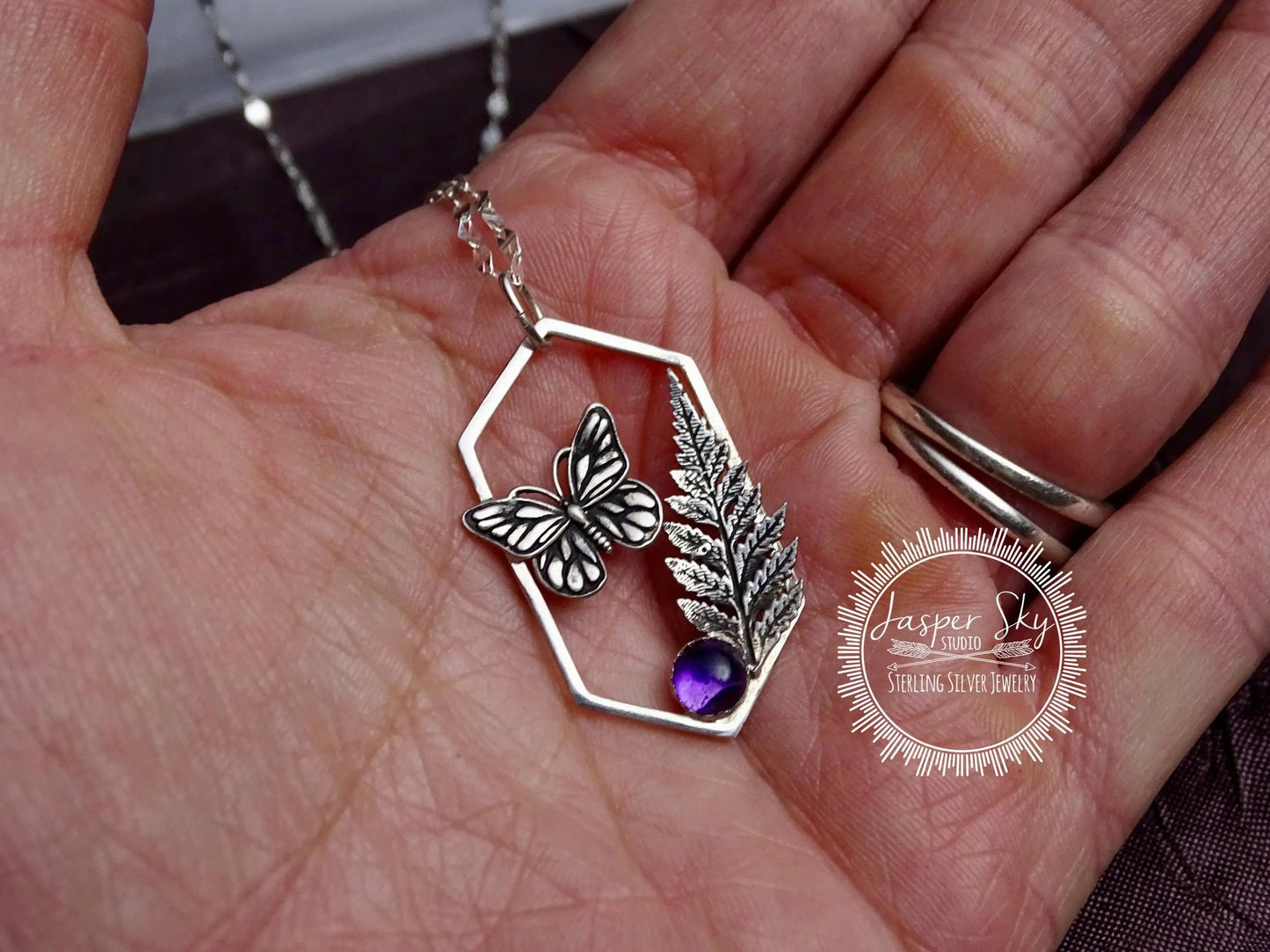 Butterfly Pendant, Monarch and Fern Leaf Design with Amethyst
