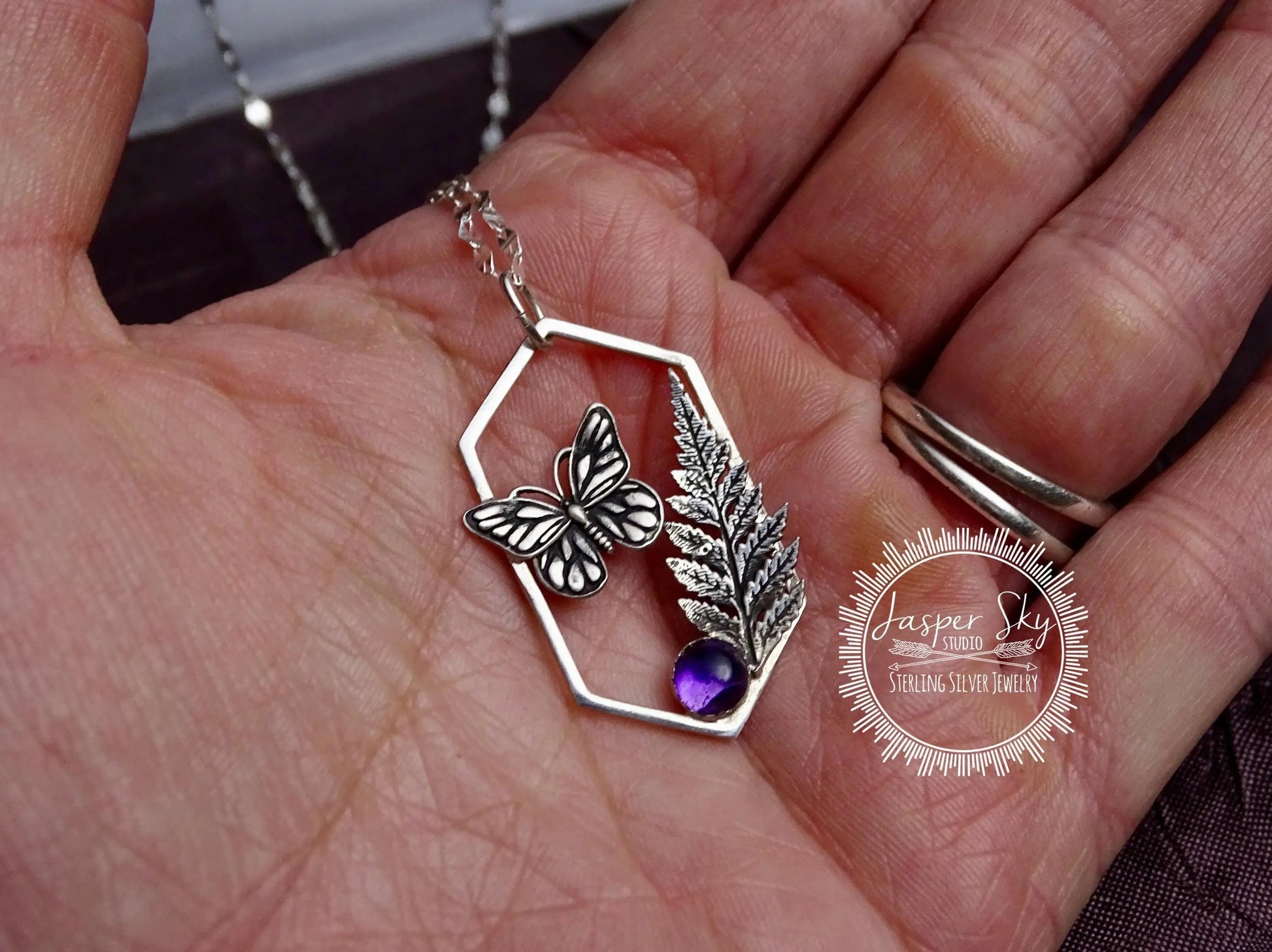 Butterfly Pendant, Monarch and Fern Leaf Design with Amethyst