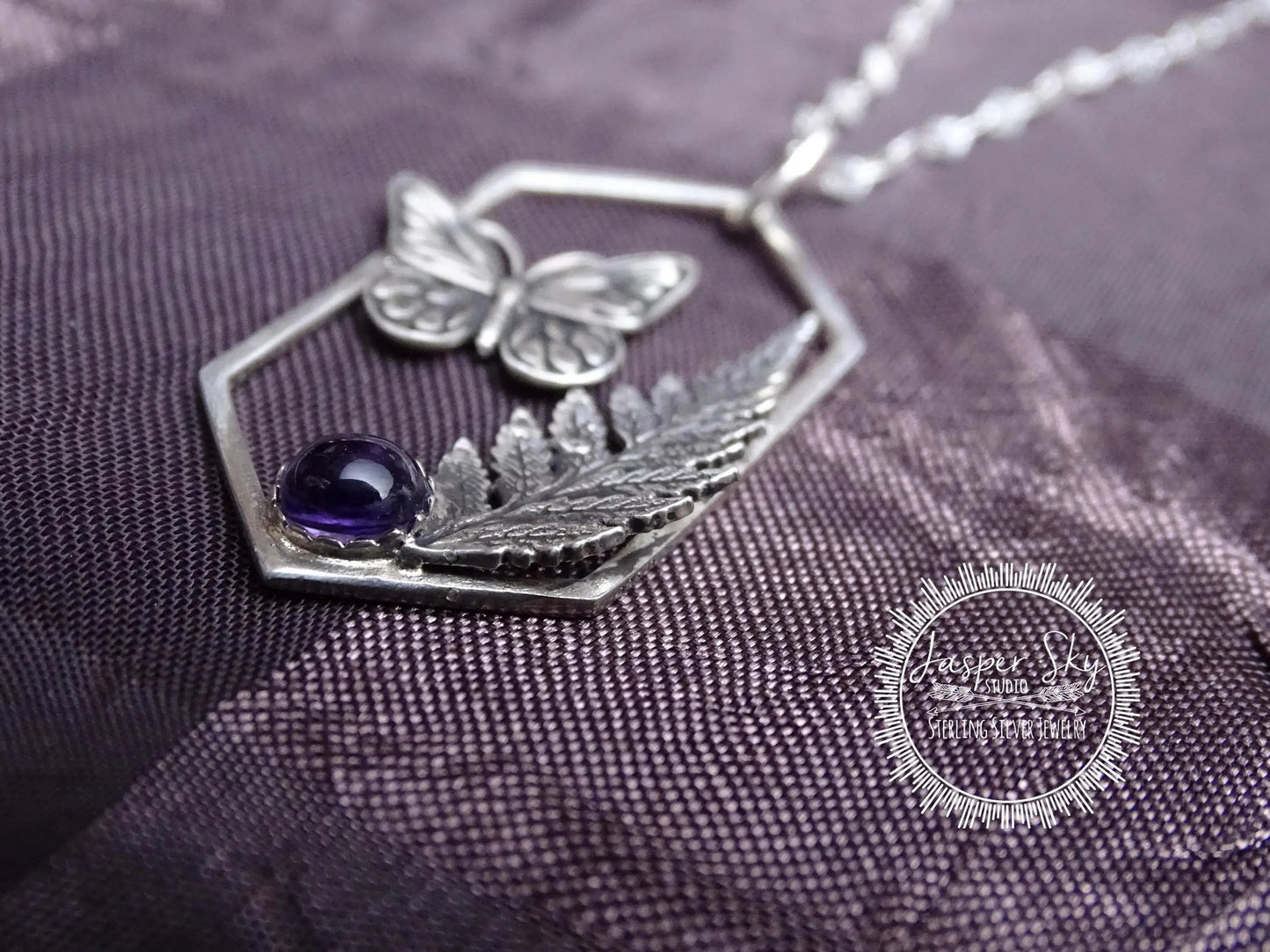Butterfly Pendant, Monarch and Fern Leaf Design with Amethyst