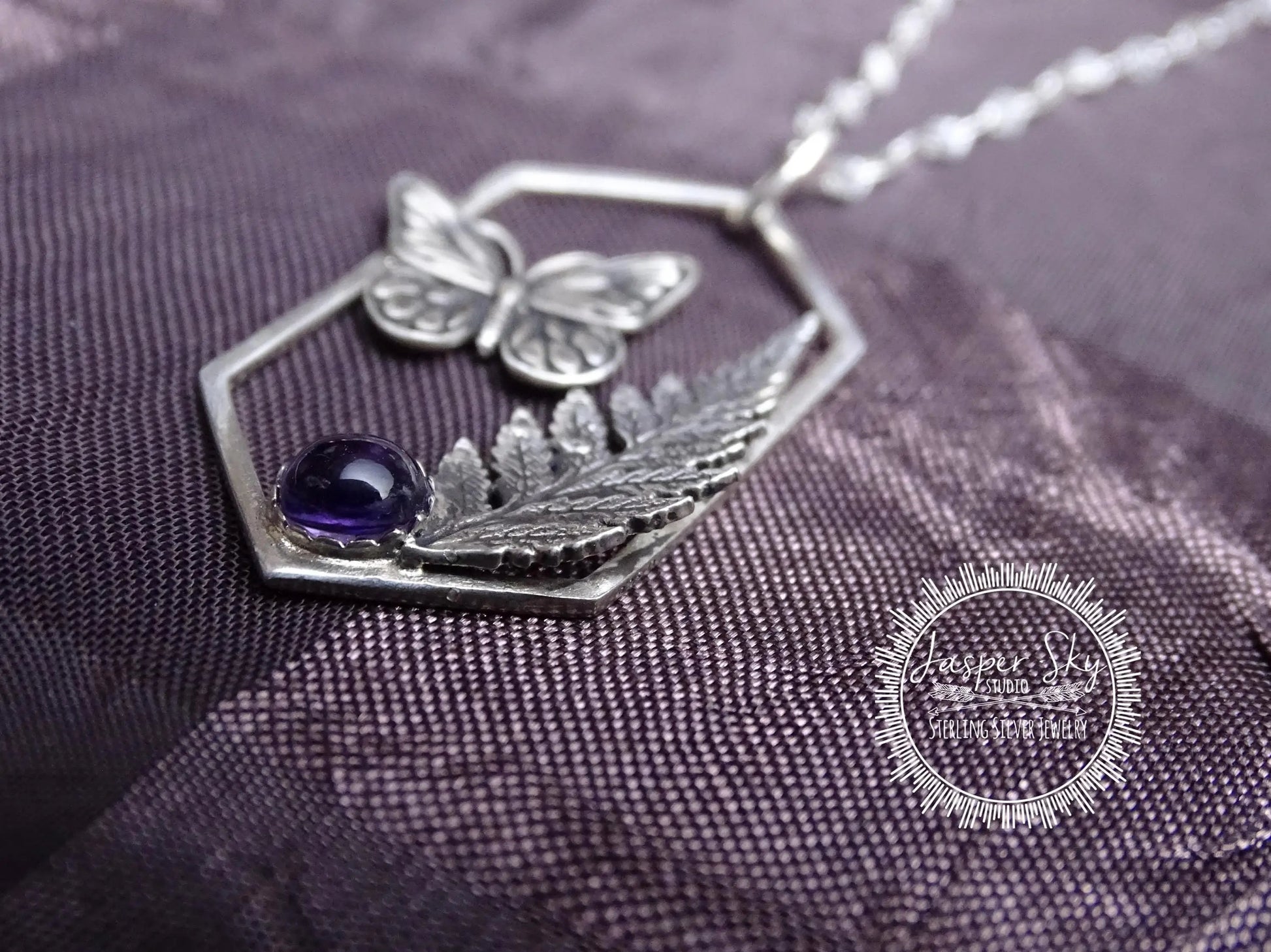 Butterfly Pendant, Monarch and Fern Leaf Design with Amethyst