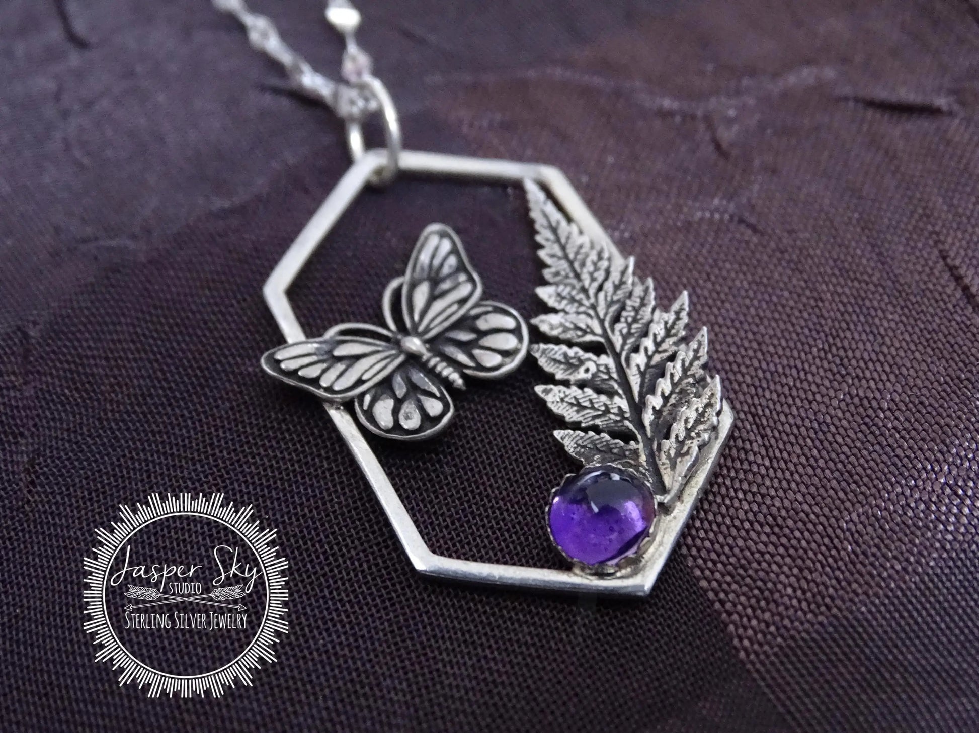 Butterfly Pendant, Monarch and Fern Leaf Design with Amethyst