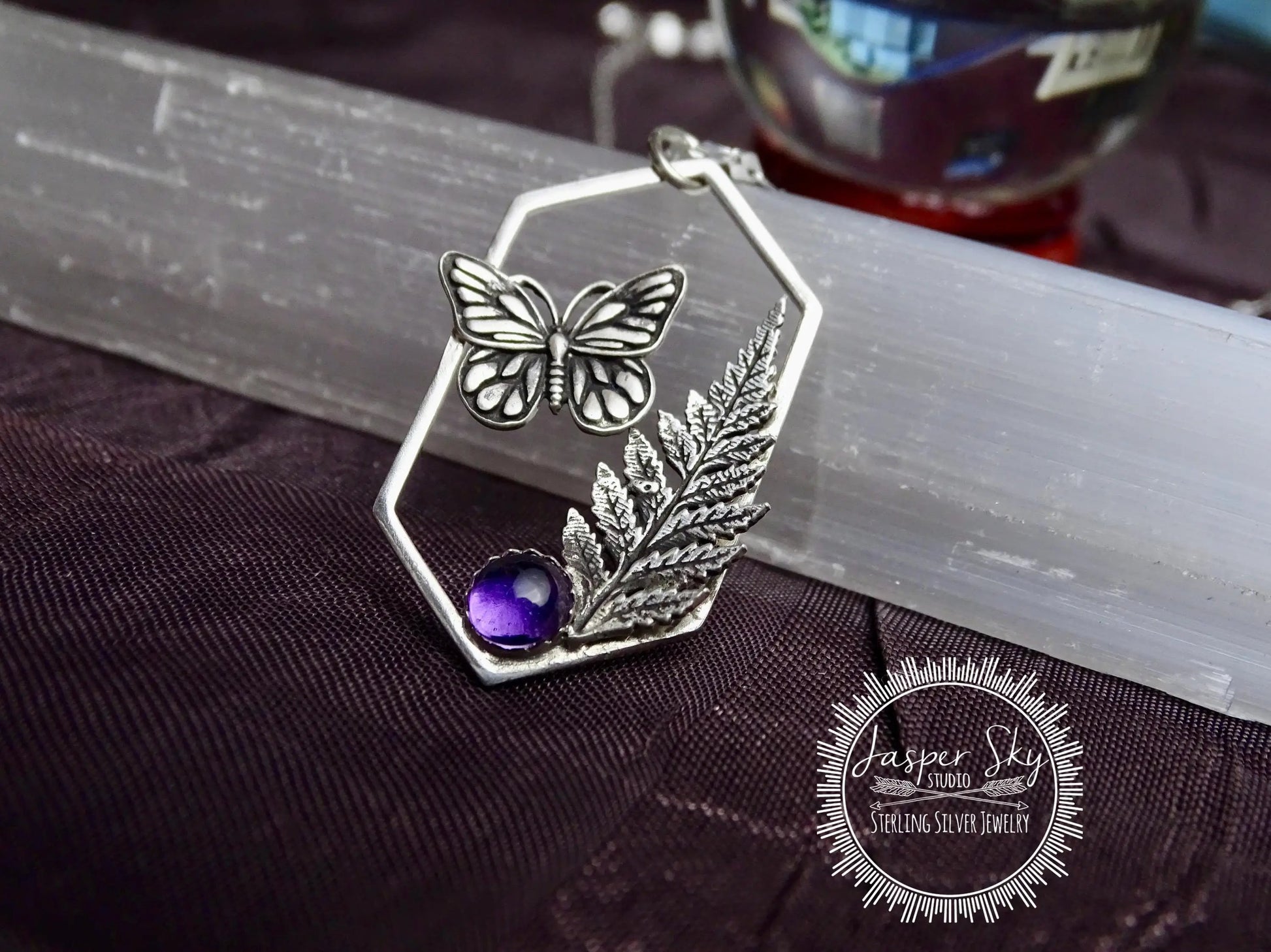 Butterfly Pendant, Monarch and Fern Leaf Design with Amethyst