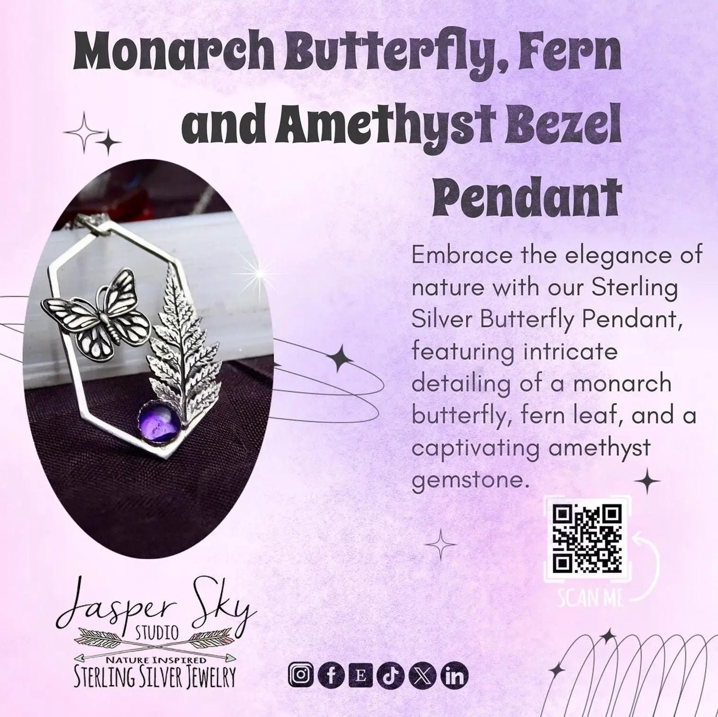 Butterfly Pendant, Monarch and Fern Leaf Design with Amethyst