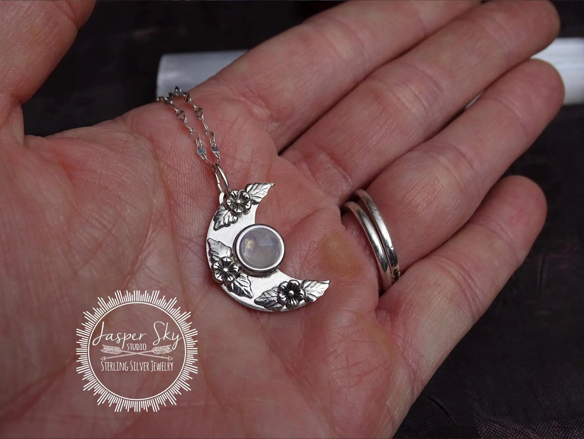 Floral Moon Pendant: Sterling Silver & Moonstone