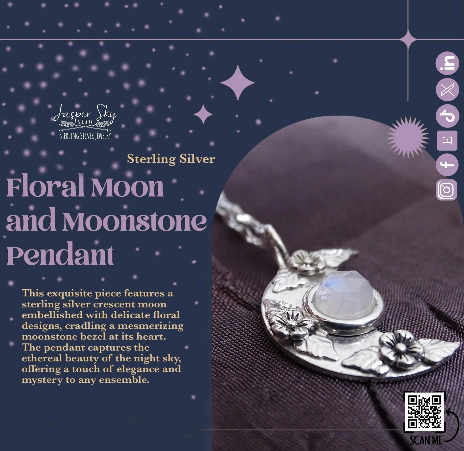 Floral Moon Pendant: Sterling Silver & Moonstone