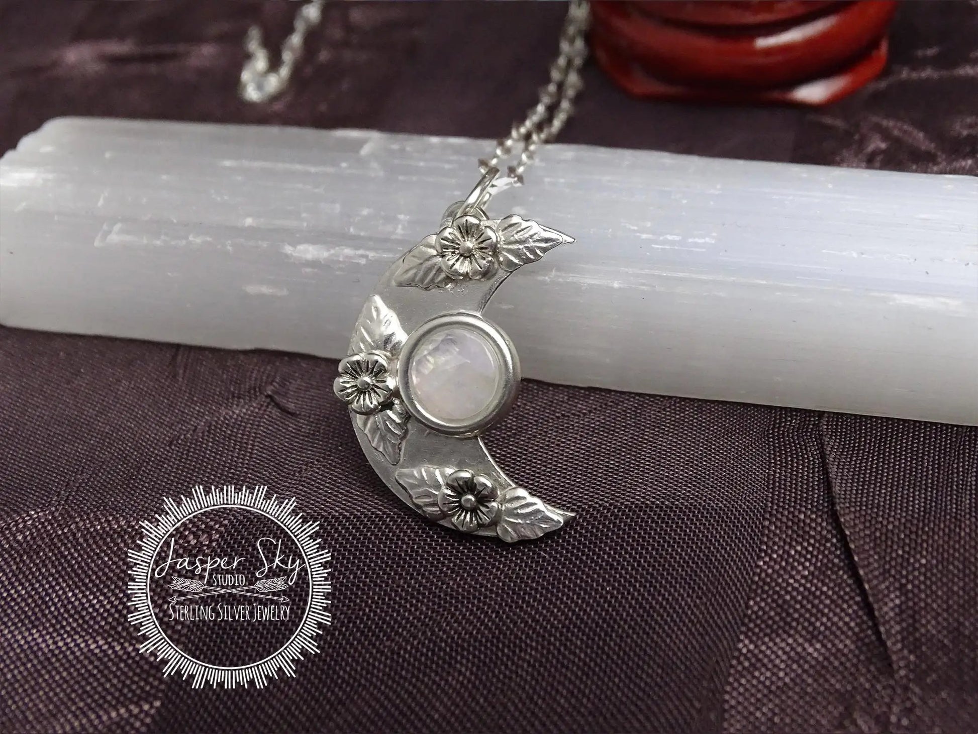 Floral Moon Pendant: Sterling Silver & Moonstone