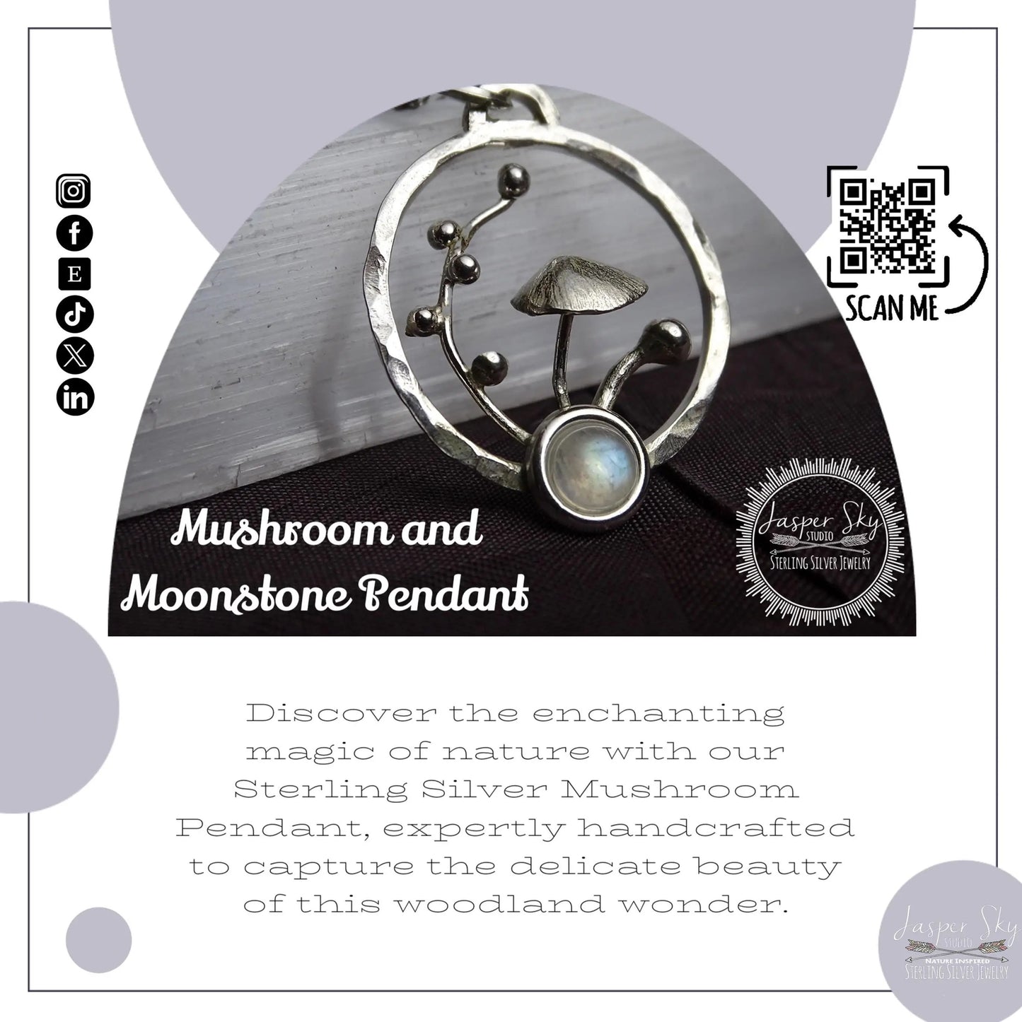 Mushroom Pendant, Sterling Silver, moonstone