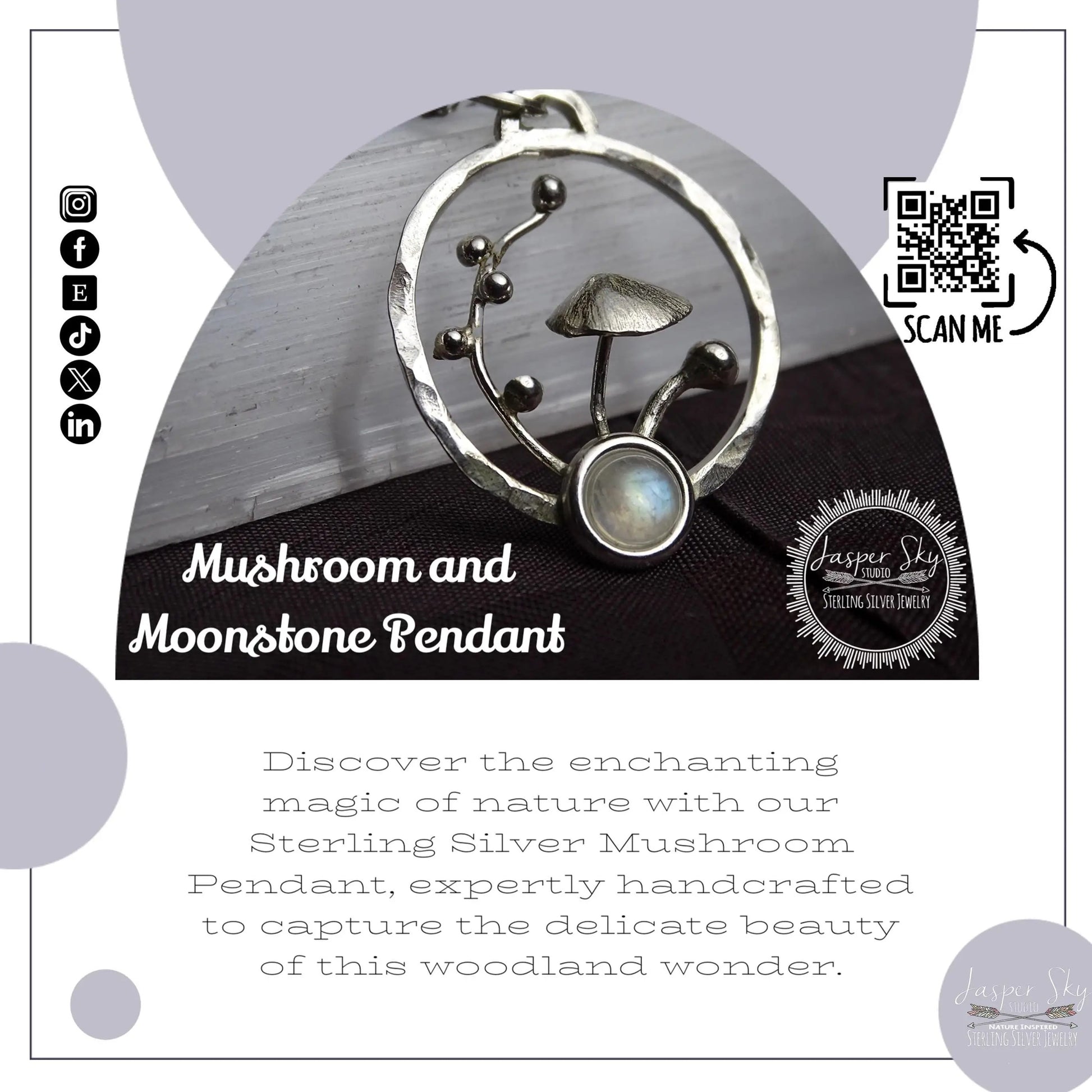 Mushroom Pendant, Sterling Silver, moonstone