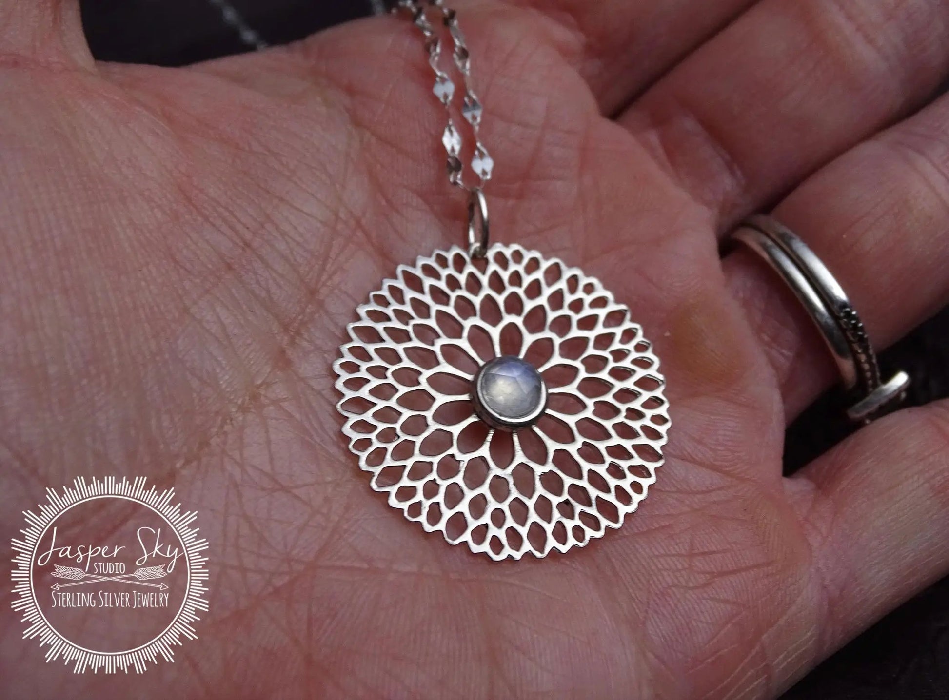 Floral Pendant Sterling Silver, Handmade Chalcedony Necklace