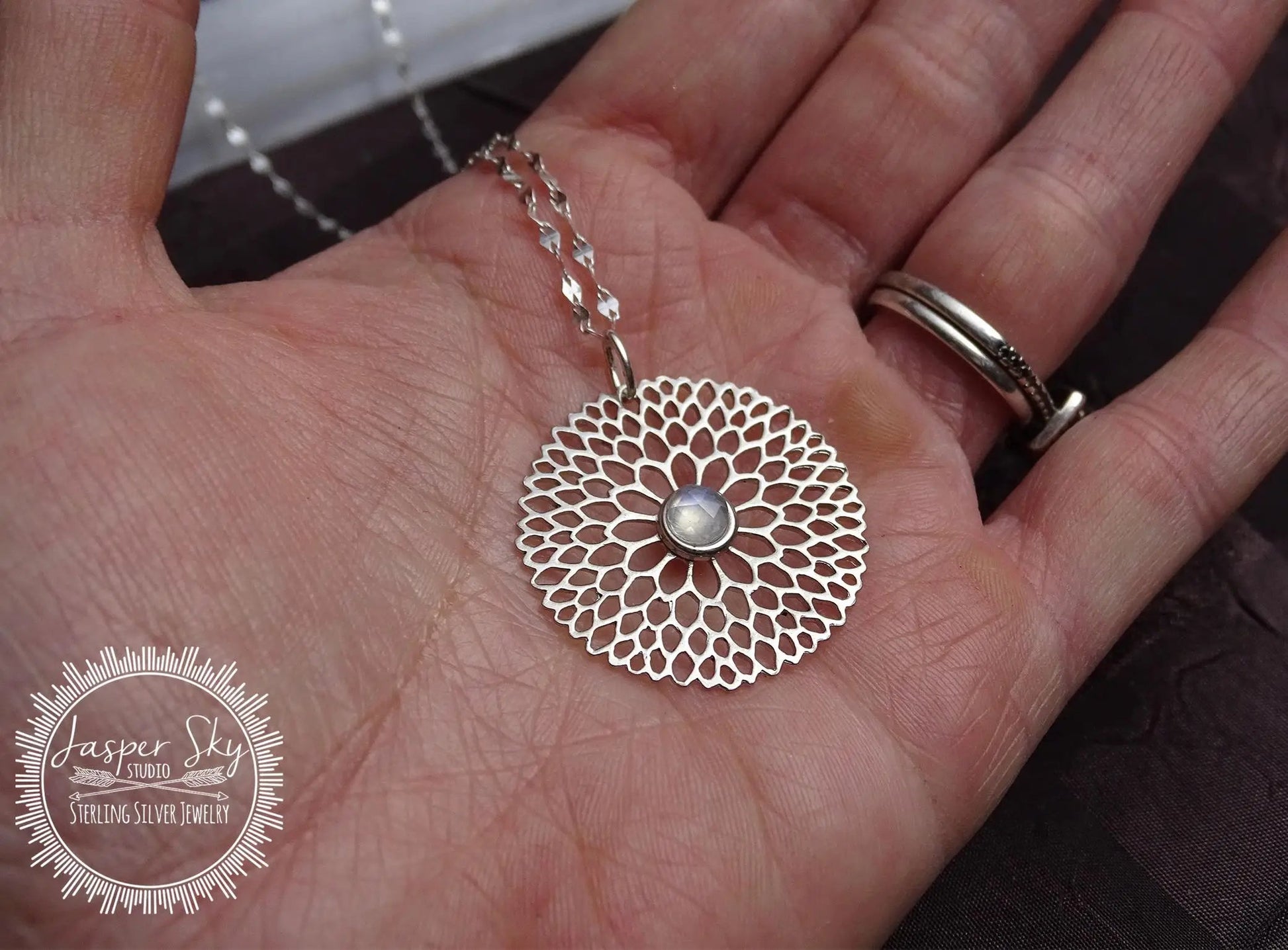 Floral Pendant Sterling Silver, Handmade Chalcedony Necklace