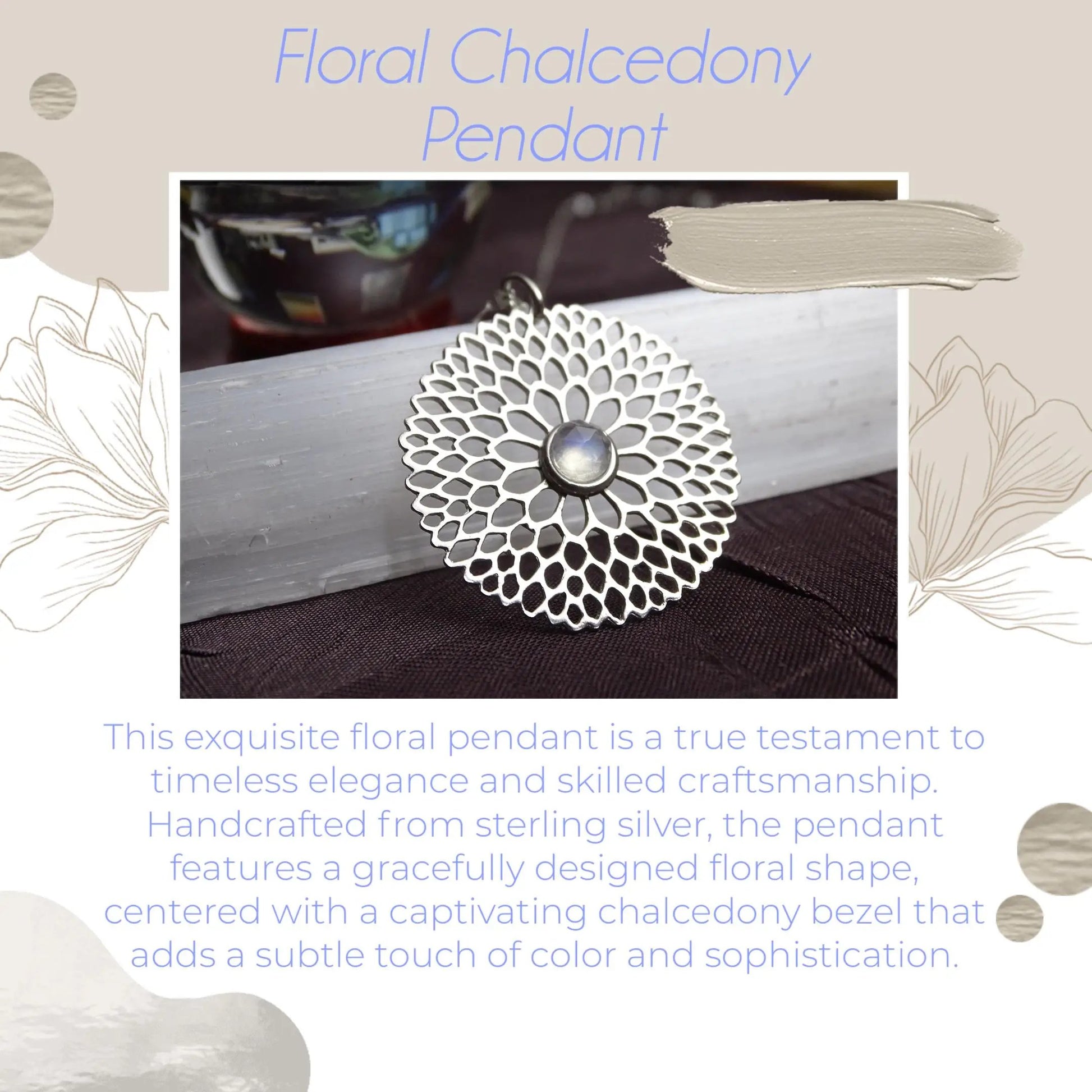 Floral Pendant Sterling Silver, Handmade Chalcedony Necklace