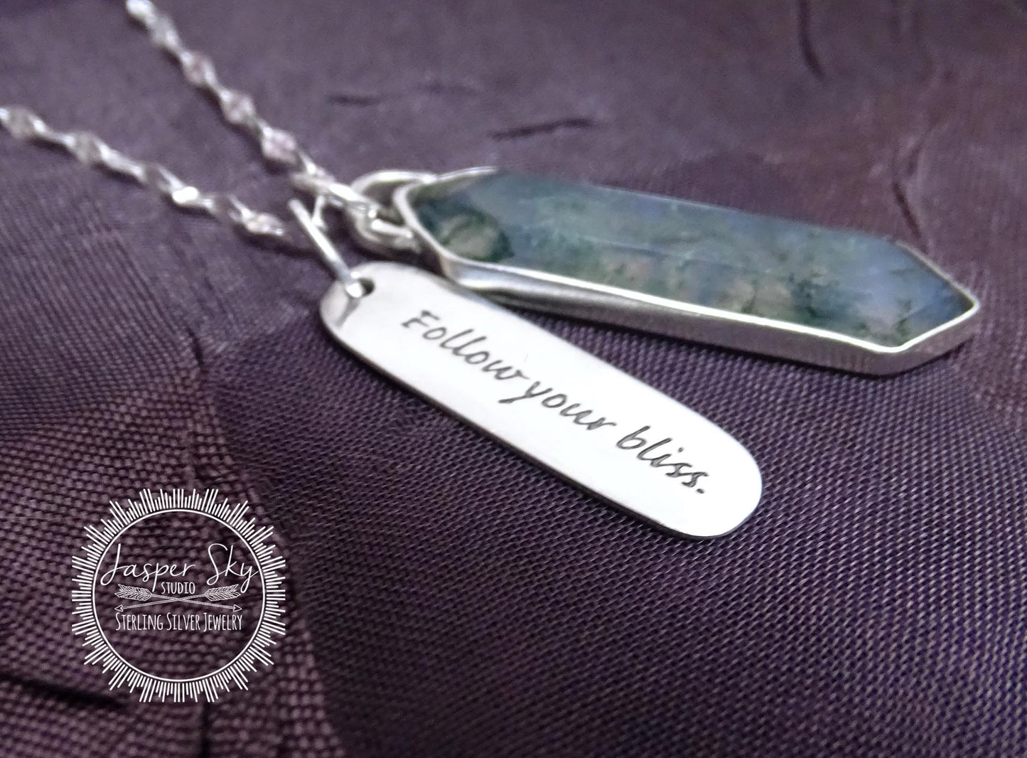Handcrafted Moss Agate Necklace - Silver Long Hexagon with &quot;Follow Your Bliss&quot; Tag - Meaningful Gift
