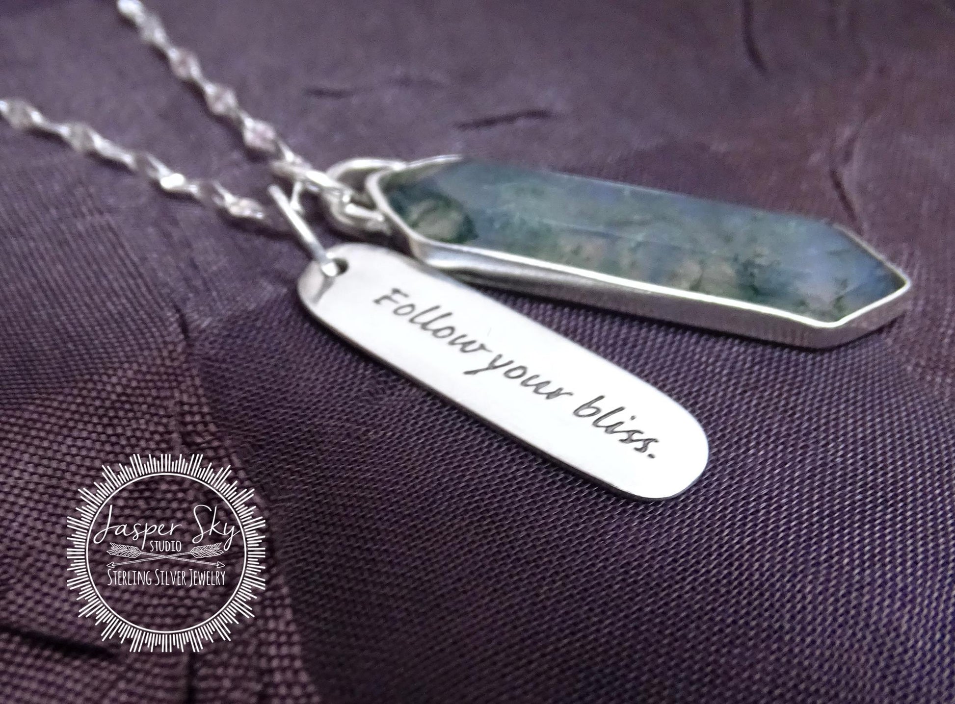 Handcrafted Moss Agate Necklace - Silver Long Hexagon with &quot;Follow Your Bliss&quot; Tag - Meaningful Gift