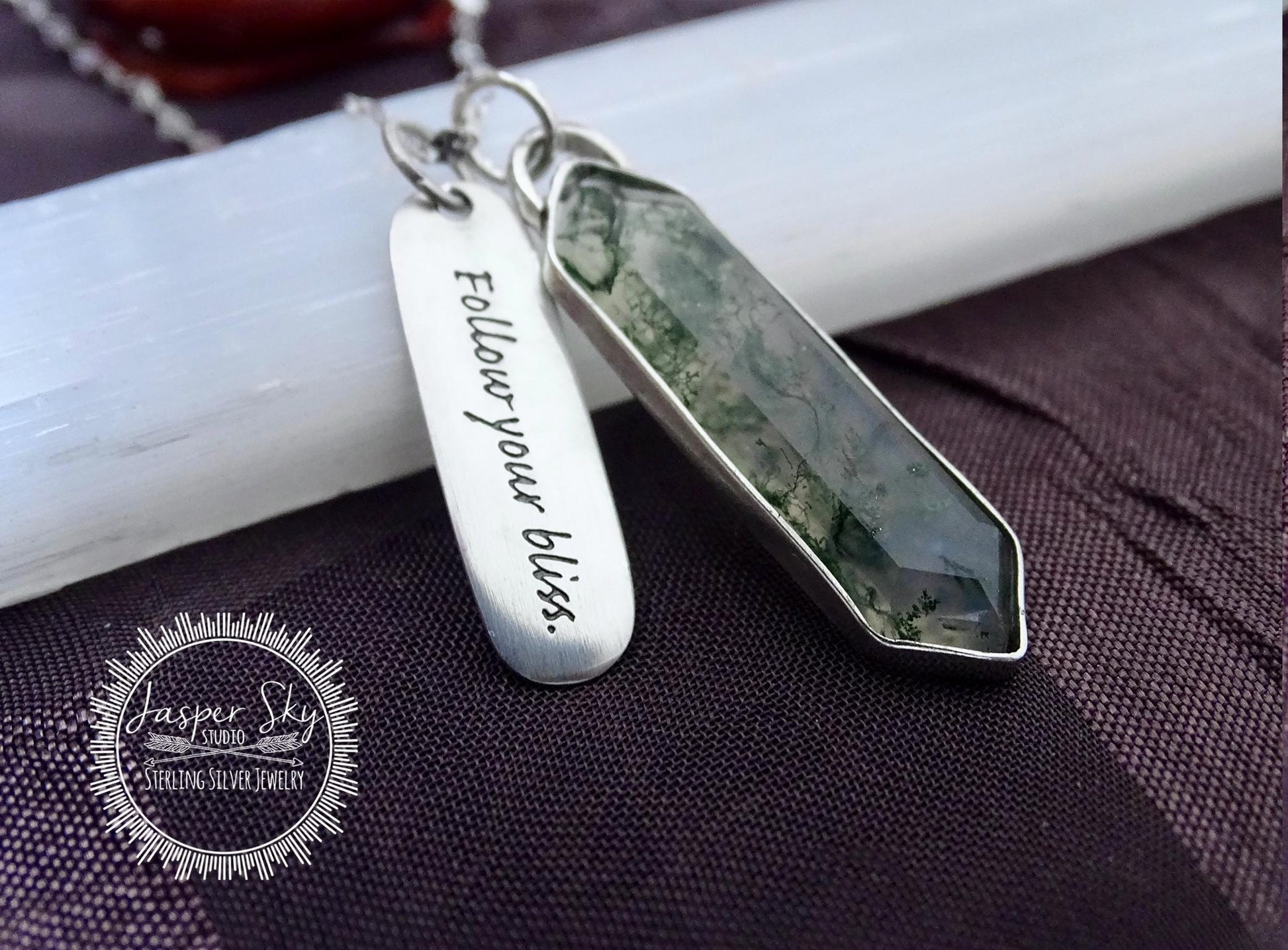 Handcrafted Moss Agate Necklace - Silver Long Hexagon with &quot;Follow Your Bliss&quot; Tag - Meaningful Gift