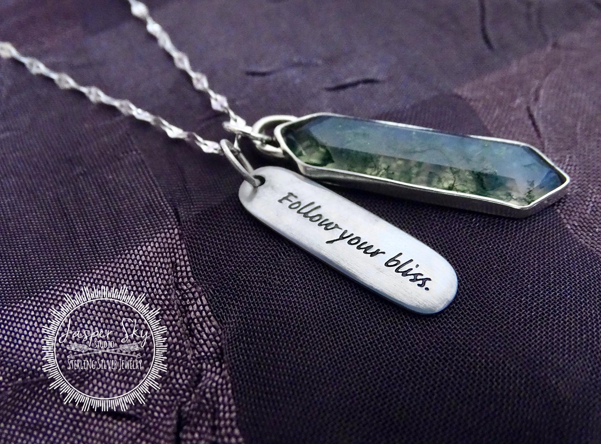 Handcrafted Moss Agate Necklace - Silver Long Hexagon with &quot;Follow Your Bliss&quot; Tag - Meaningful Gift