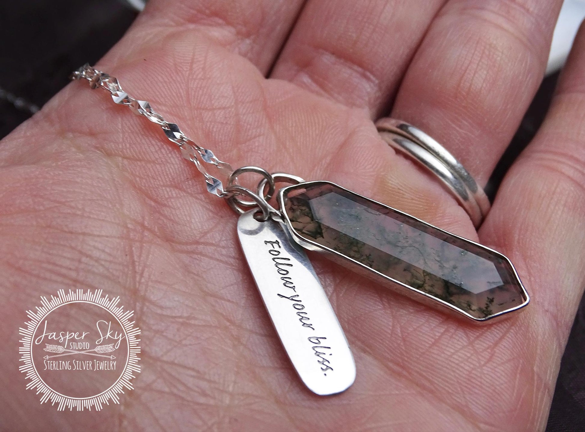 Handcrafted Moss Agate Necklace - Silver Long Hexagon with &quot;Follow Your Bliss&quot; Tag - Meaningful Gift