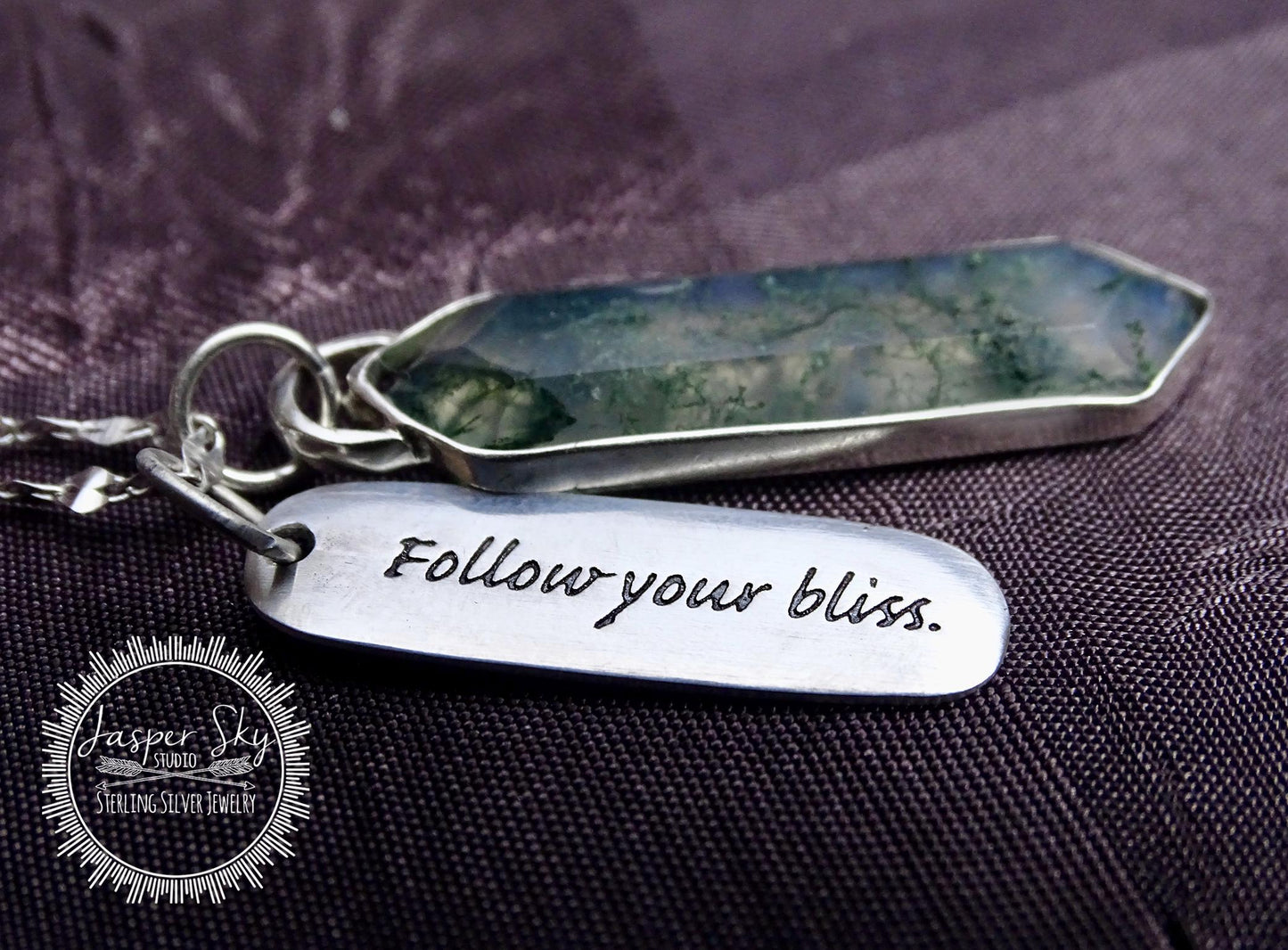 Handcrafted Moss Agate Necklace - Silver Long Hexagon with &quot;Follow Your Bliss&quot; Tag - Meaningful Gift