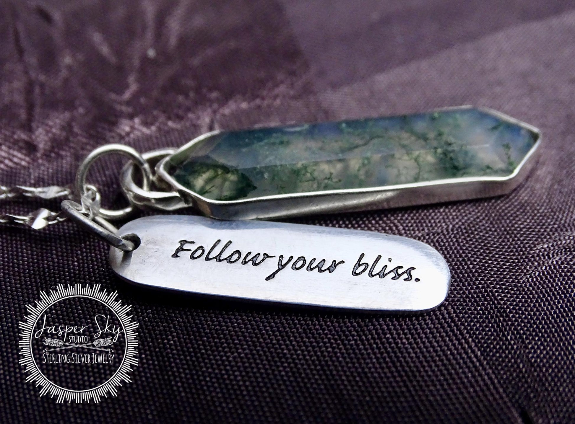 Handcrafted Moss Agate Necklace - Silver Long Hexagon with &quot;Follow Your Bliss&quot; Tag - Meaningful Gift