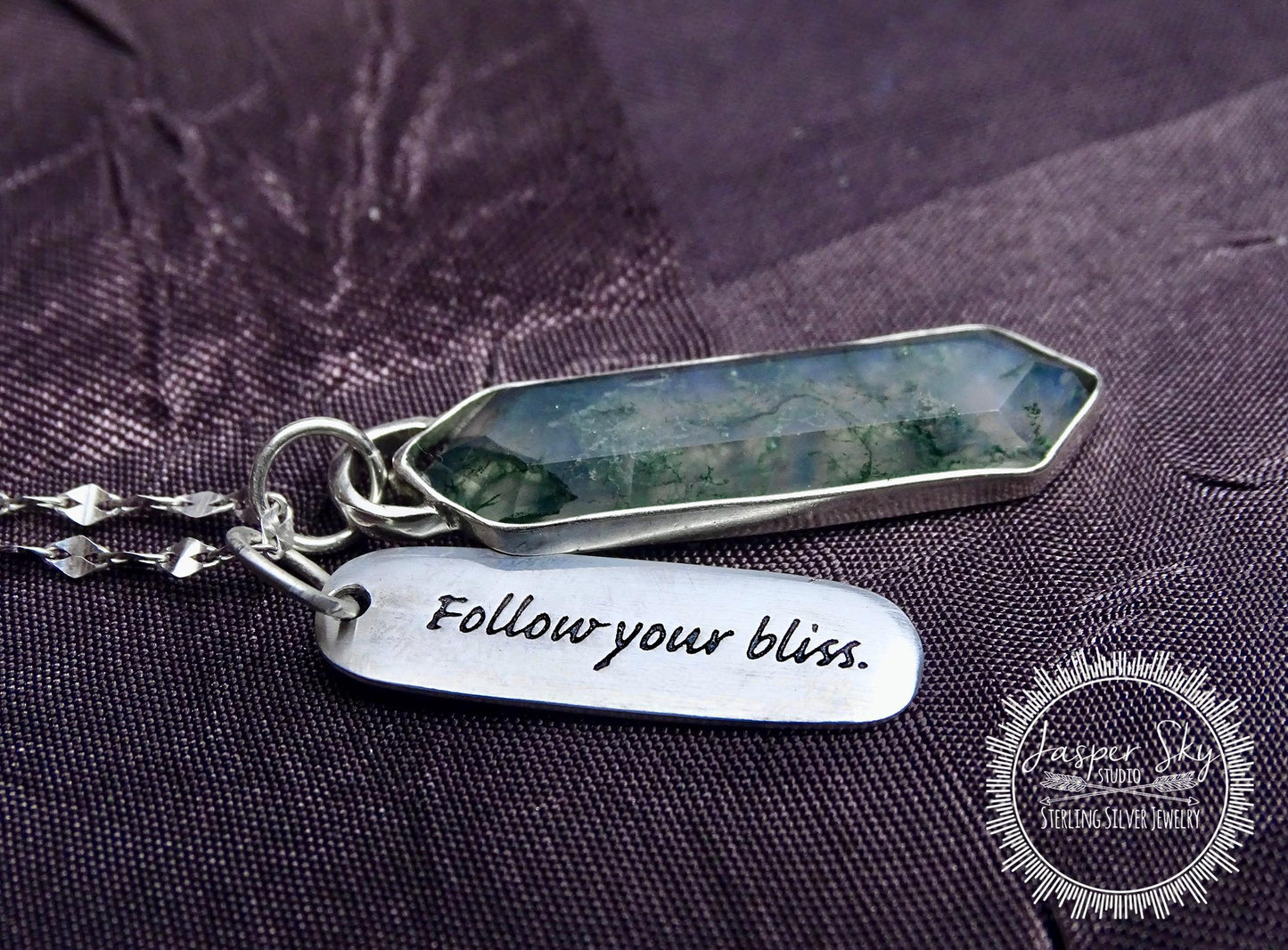 Handcrafted Moss Agate Necklace - Silver Long Hexagon with &quot;Follow Your Bliss&quot; Tag - Meaningful Gift