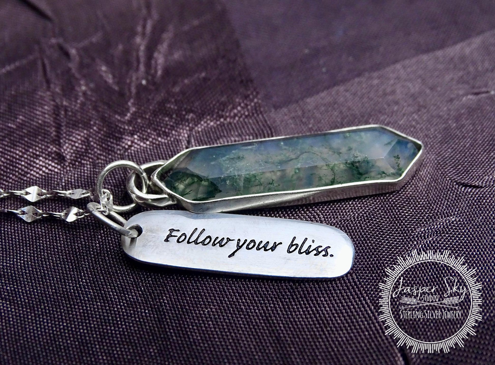 Handcrafted Moss Agate Necklace - Silver Long Hexagon with &quot;Follow Your Bliss&quot; Tag - Meaningful Gift