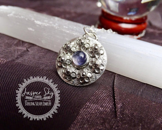 Floral Pendant Handmade Circle Jewelry, Lavender Lolite Flower Necklace for a Elegant Gift