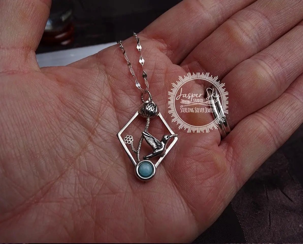 Hummingbird Floral Pendant, Sterling Silver