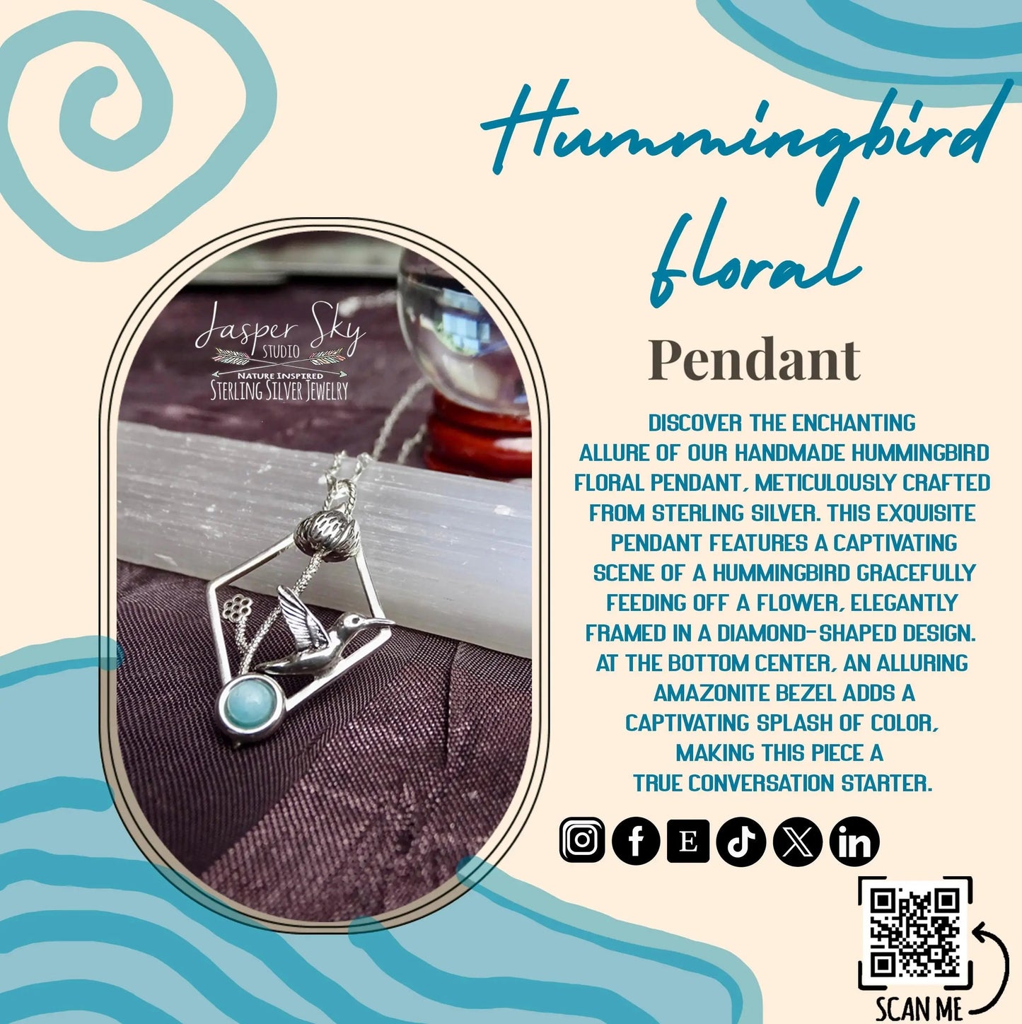 Hummingbird Floral Pendant, Sterling Silver