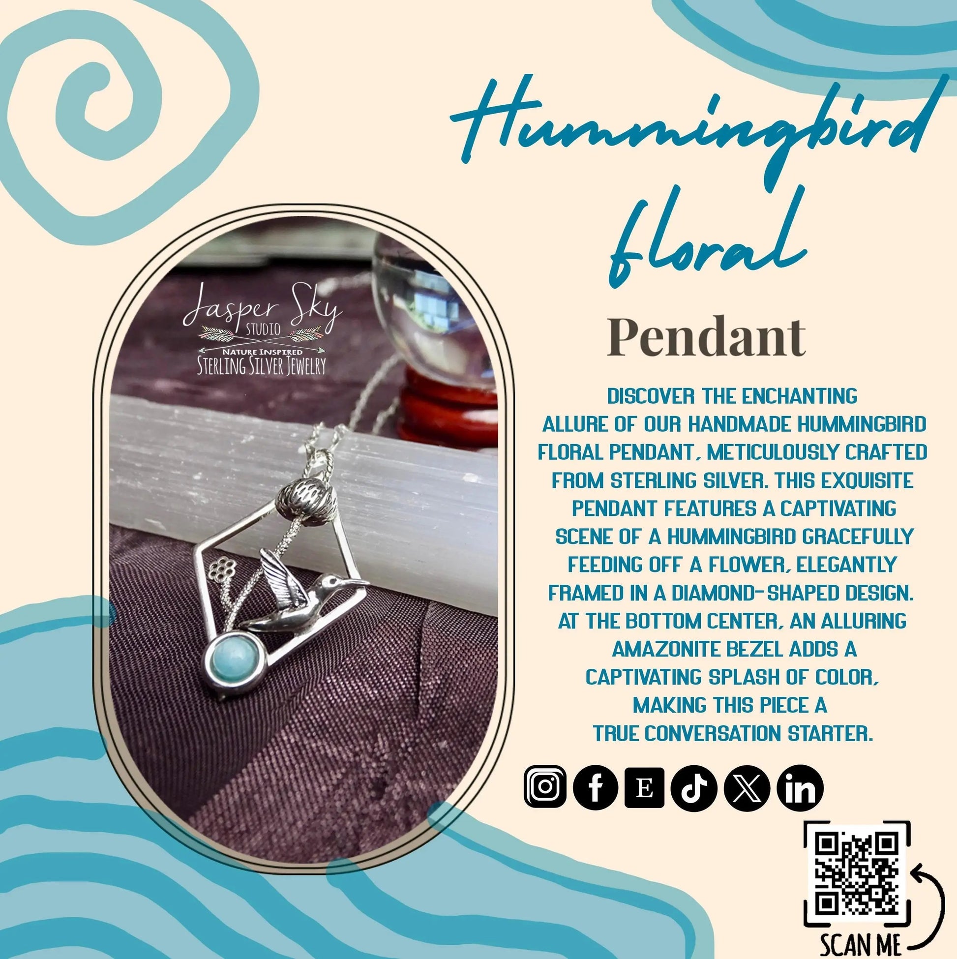 Hummingbird Floral Pendant, Sterling Silver