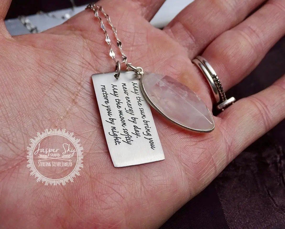 Rose Quartz Phrase Pendant - Sterling Silver with Apache Blessing, Unique Spiritual Jewelry, Perfect Meaningful Gift