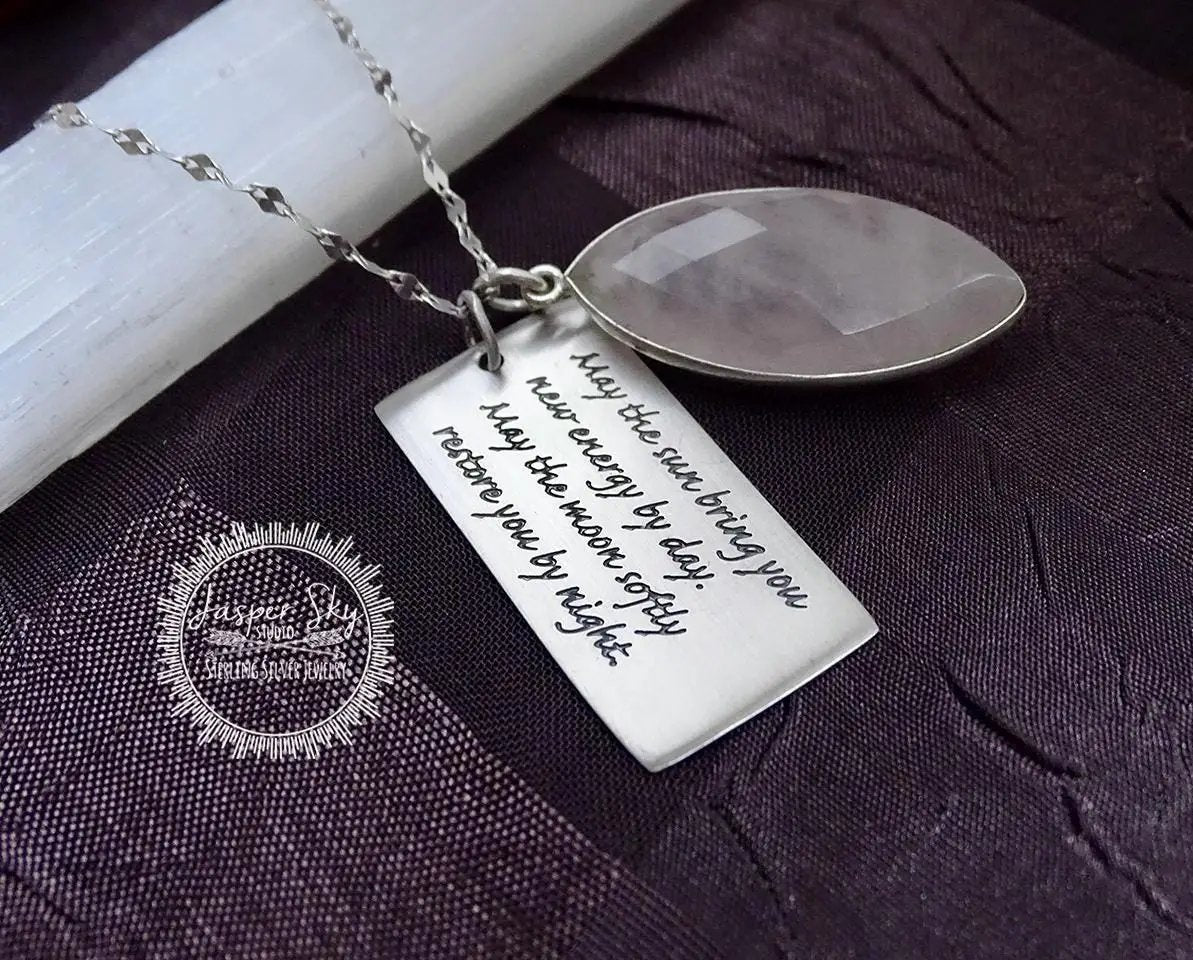 Rose Quartz Phrase Pendant - Sterling Silver with Apache Blessing, Unique Spiritual Jewelry, Perfect Meaningful Gift