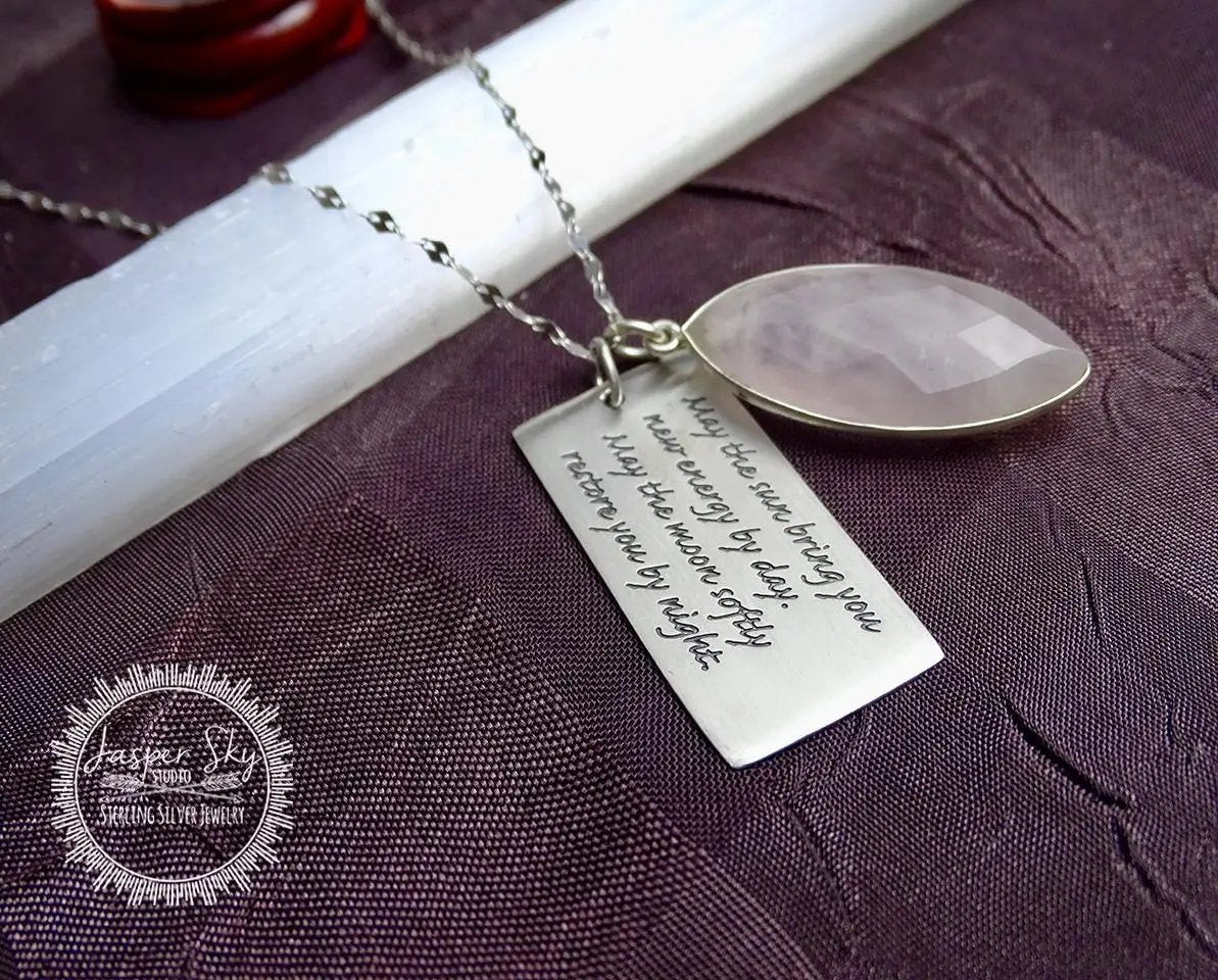 Rose Quartz Phrase Pendant - Sterling Silver with Apache Blessing, Unique Spiritual Jewelry, Perfect Meaningful Gift