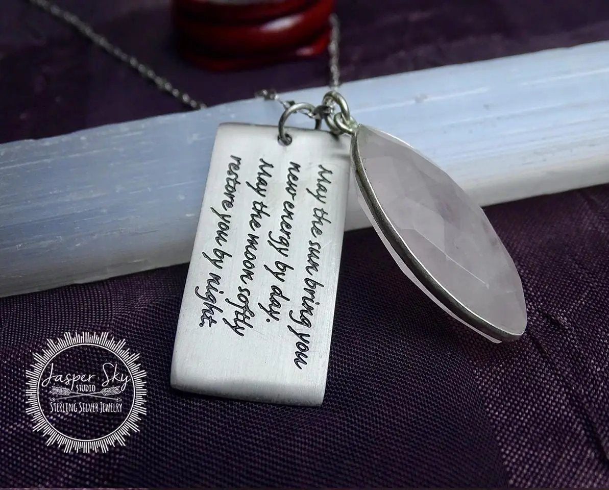 Rose Quartz Phrase Pendant - Sterling Silver with Apache Blessing, Unique Spiritual Jewelry, Perfect Meaningful Gift