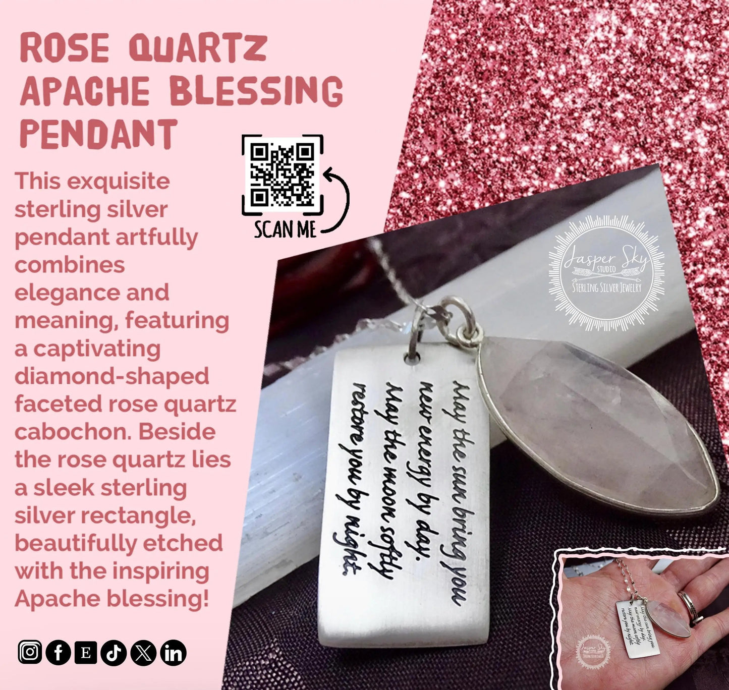 Rose Quartz Phrase Pendant - Sterling Silver with Apache Blessing, Unique Spiritual Jewelry, Perfect Meaningful Gift