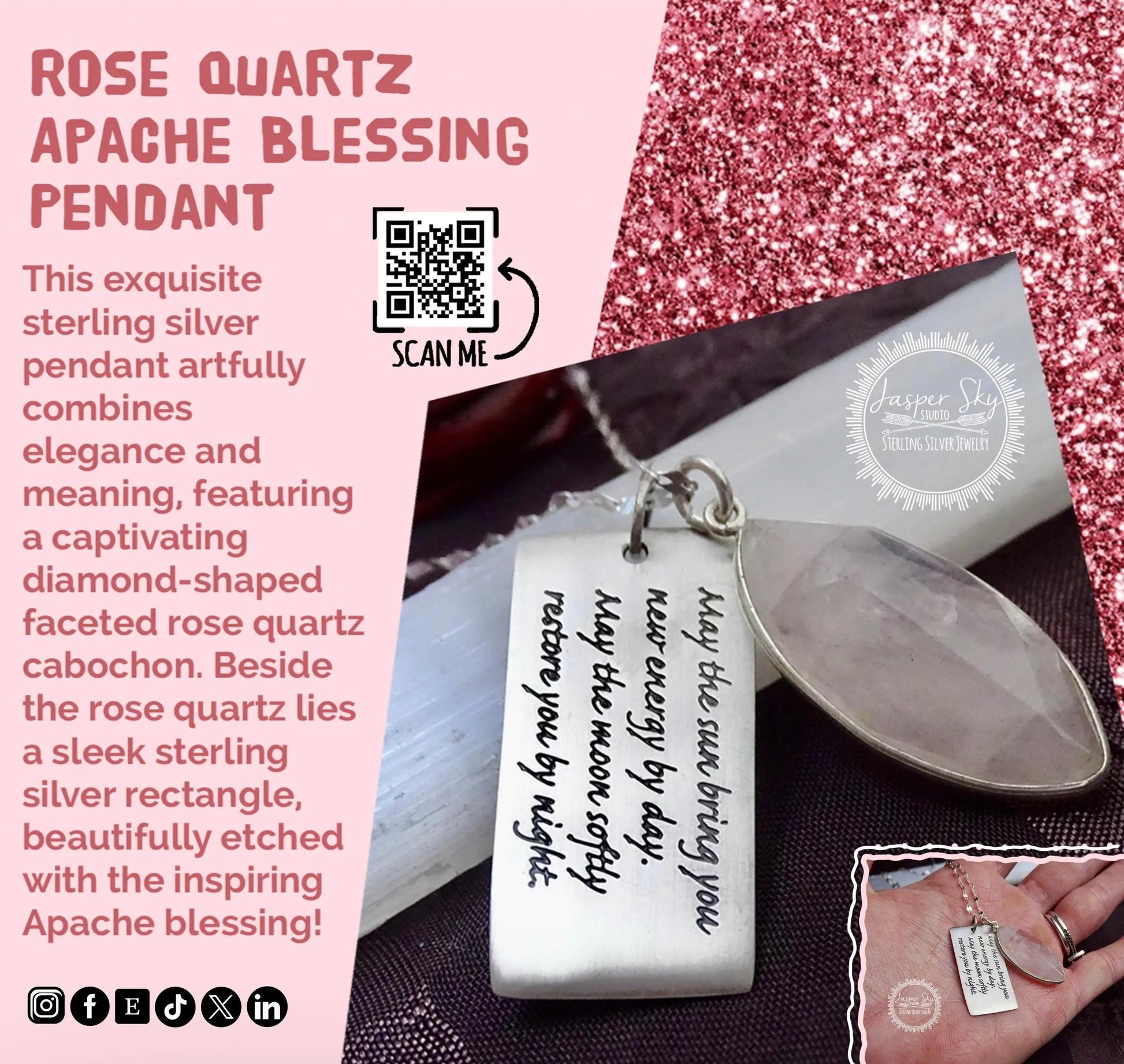 Rose Quartz Phrase Pendant - Sterling Silver with Apache Blessing, Unique Spiritual Jewelry, Perfect Meaningful Gift