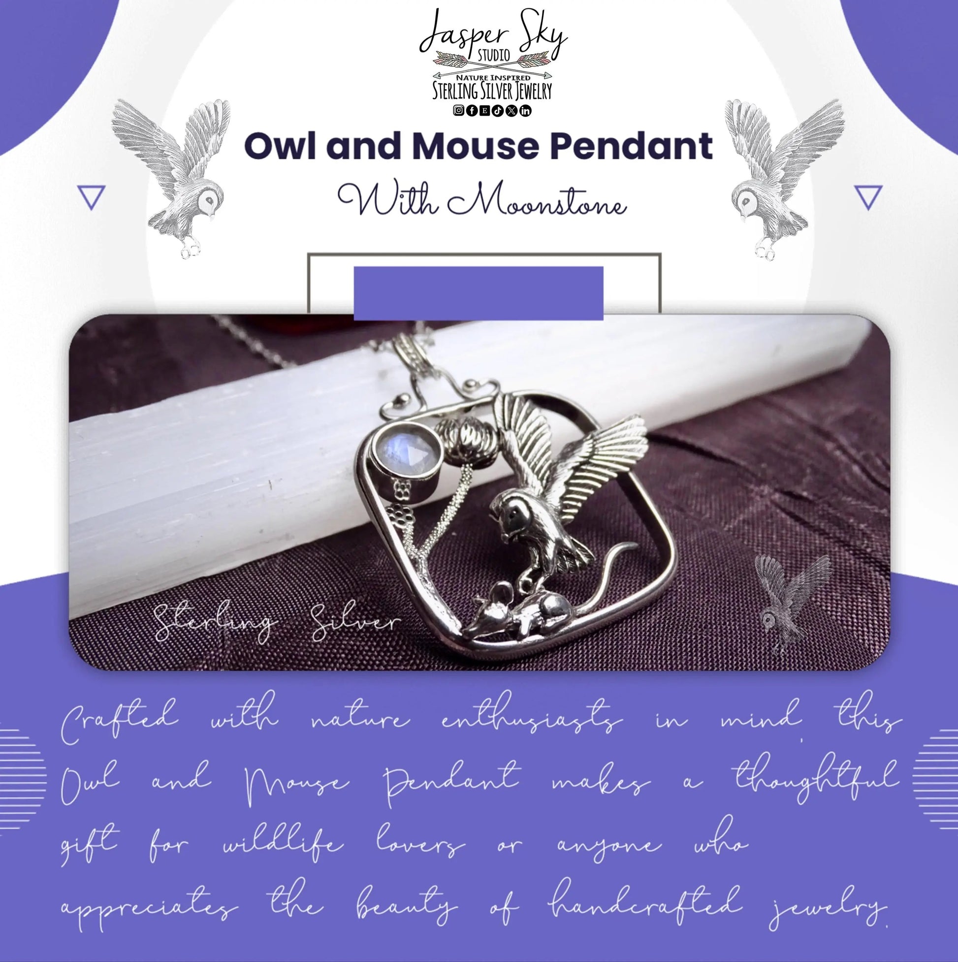 Owl and Mouse Pendant, Handcrafted Sterling Silver Square Setting, Nature Lovers Gift, Wildlife Jewelry for Special Occasions