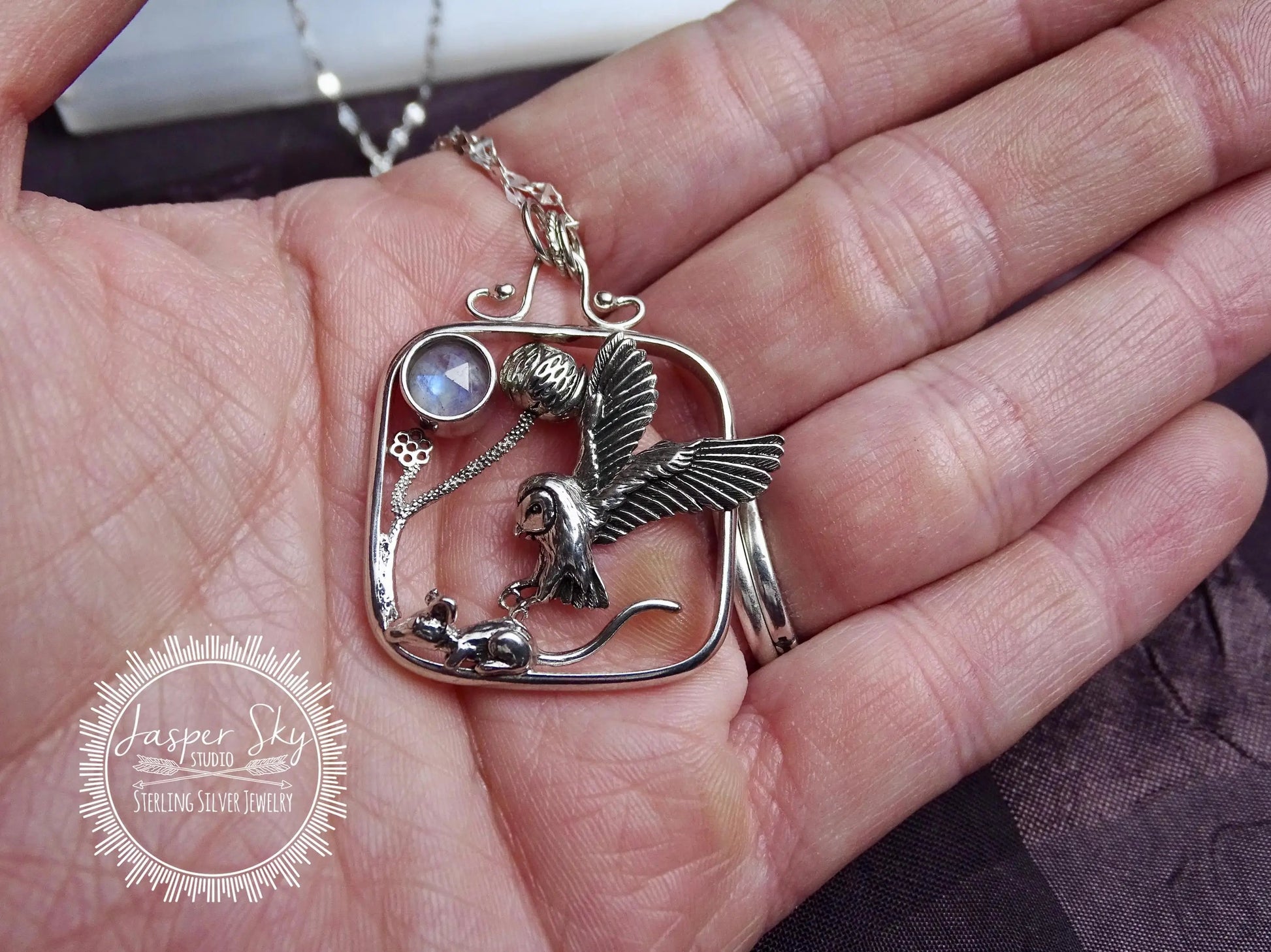 Owl and Mouse Pendant, Handcrafted Sterling Silver Square Setting, Nature Lovers Gift, Wildlife Jewelry for Special Occasions