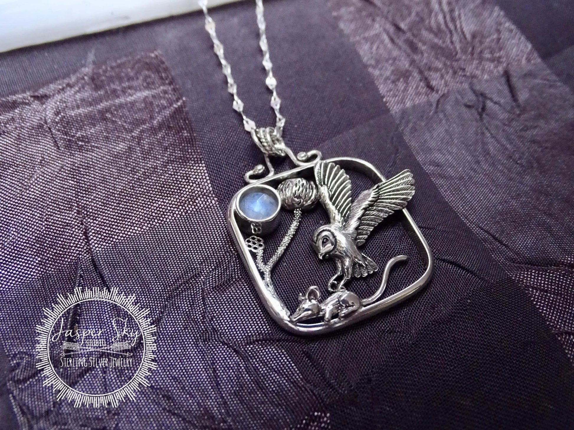 Owl and Mouse Pendant, Handcrafted Sterling Silver Square Setting, Nature Lovers Gift, Wildlife Jewelry for Special Occasions