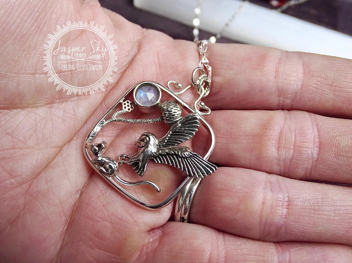 Owl and Mouse Pendant, Handcrafted Sterling Silver Square Setting, Nature Lovers Gift, Wildlife Jewelry for Special Occasions