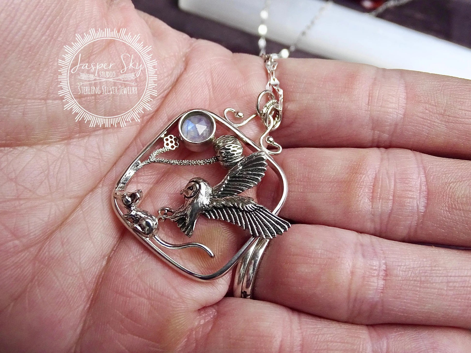 Owl and Mouse Pendant, Handcrafted Sterling Silver Square Setting, Nature Lovers Gift, Wildlife Jewelry for Special Occasions