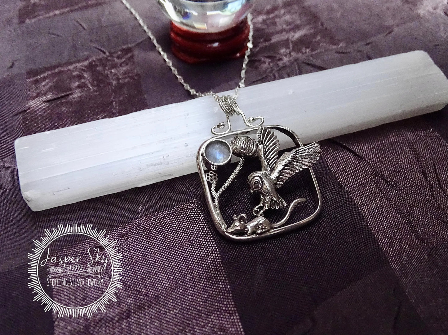 Owl and Mouse Pendant, Handcrafted Sterling Silver Square Setting, Nature Lovers Gift, Wildlife Jewelry for Special Occasions