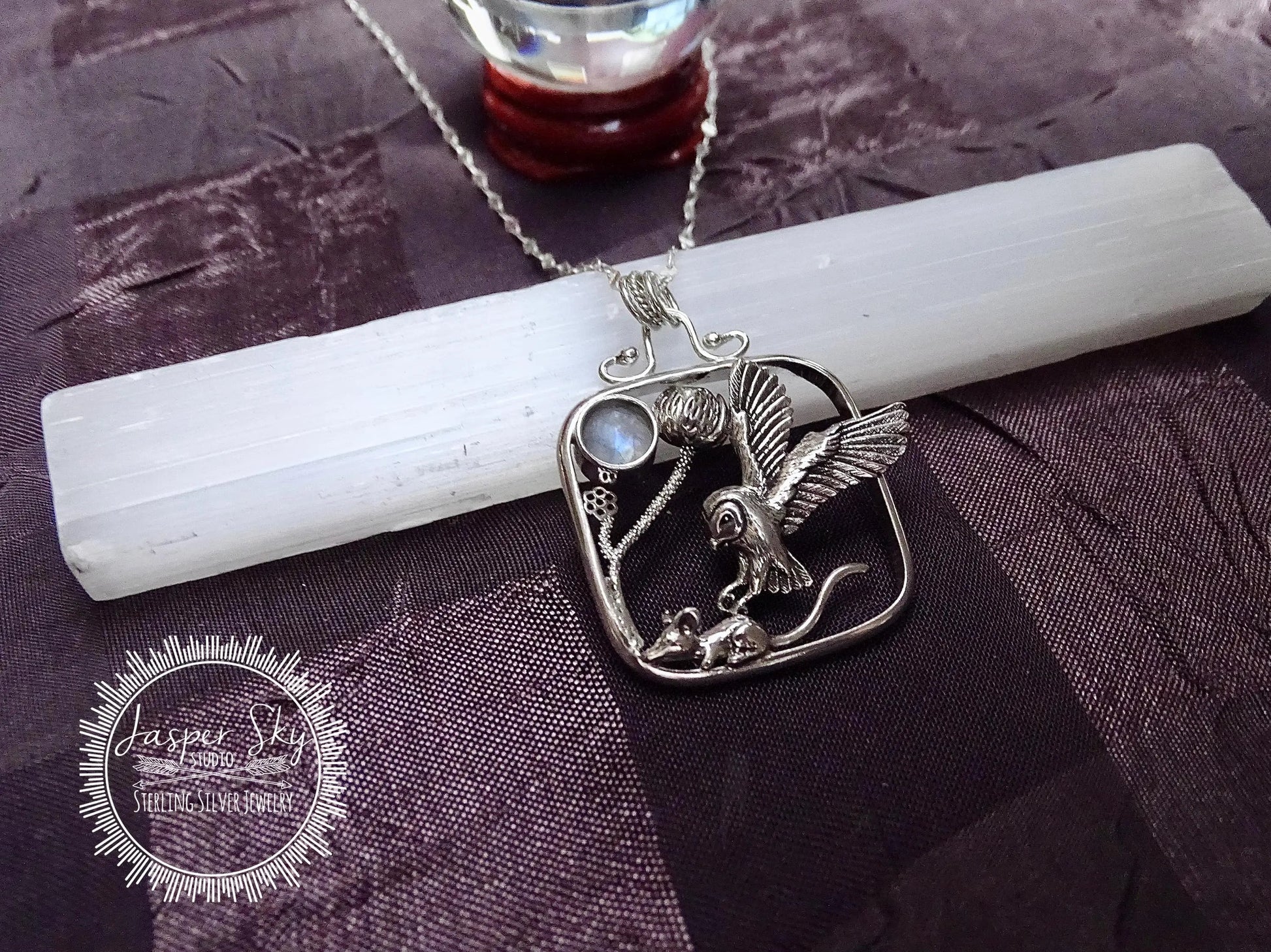 Owl and Mouse Pendant, Handcrafted Sterling Silver Square Setting, Nature Lovers Gift, Wildlife Jewelry for Special Occasions