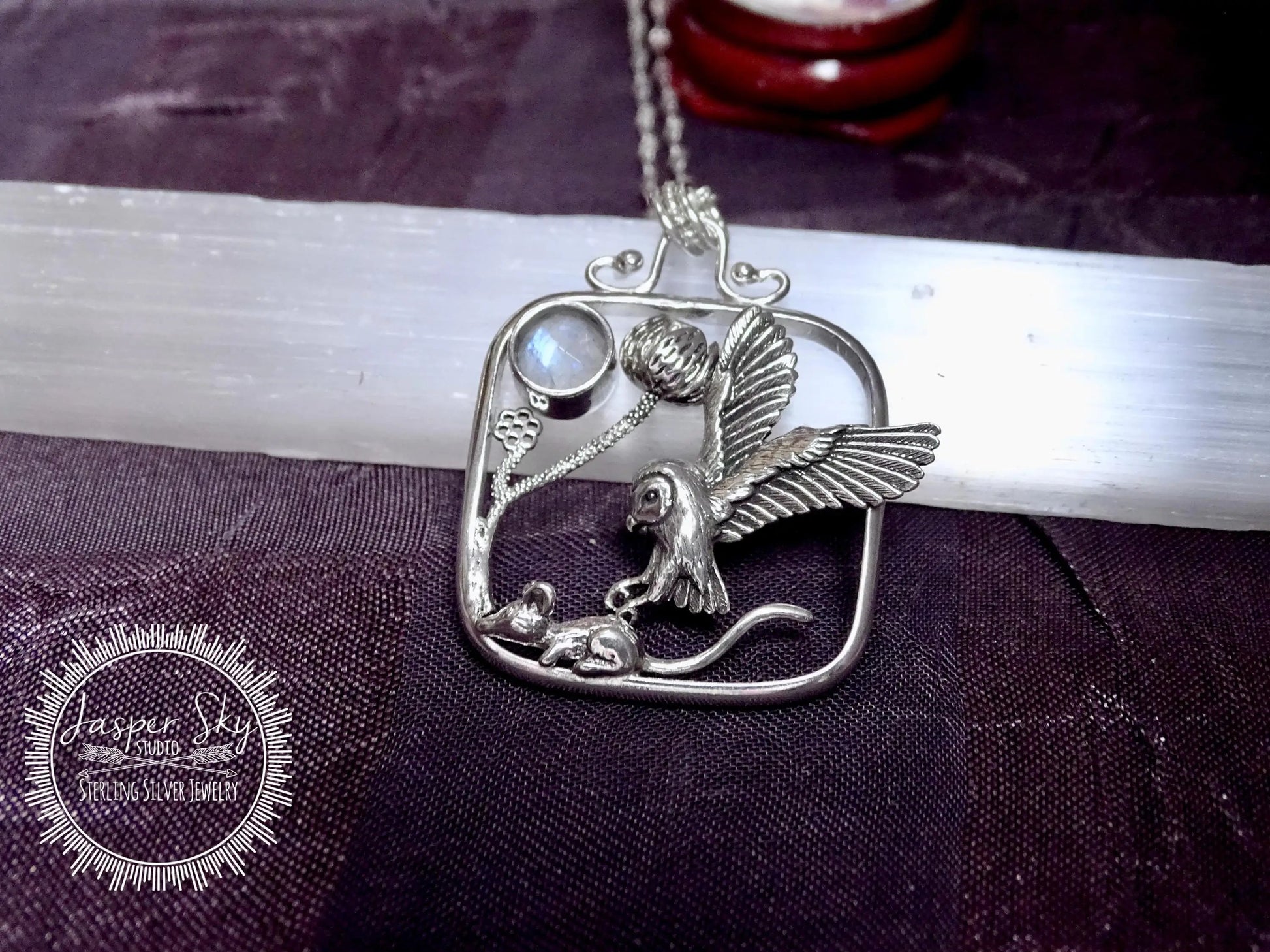 Owl and Mouse Pendant, Handcrafted Sterling Silver Square Setting, Nature Lovers Gift, Wildlife Jewelry for Special Occasions