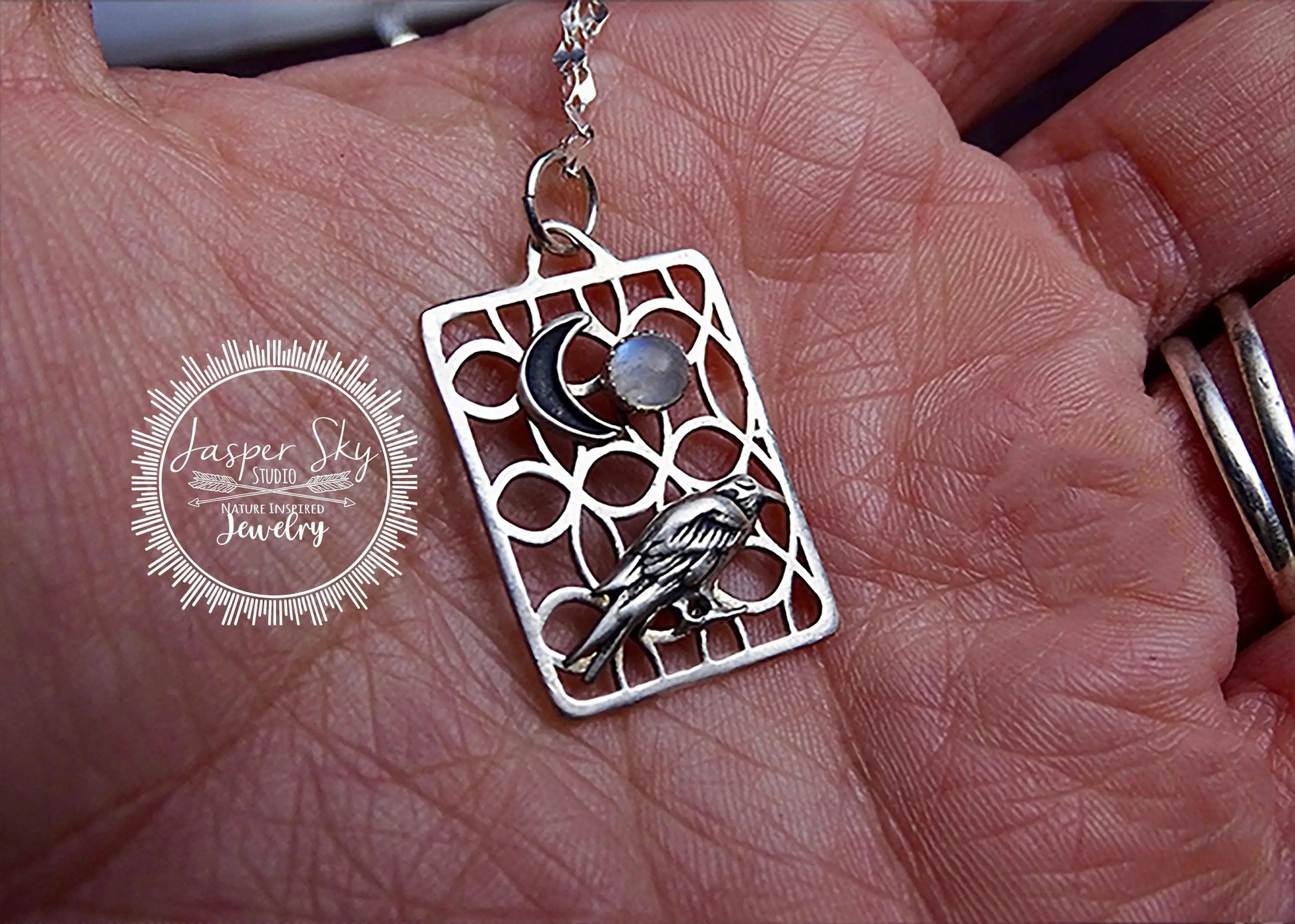 Raven Moon Pendant in Sterling Silver with Moonstone - Nature-Inspired Jewelry for Special Occasions