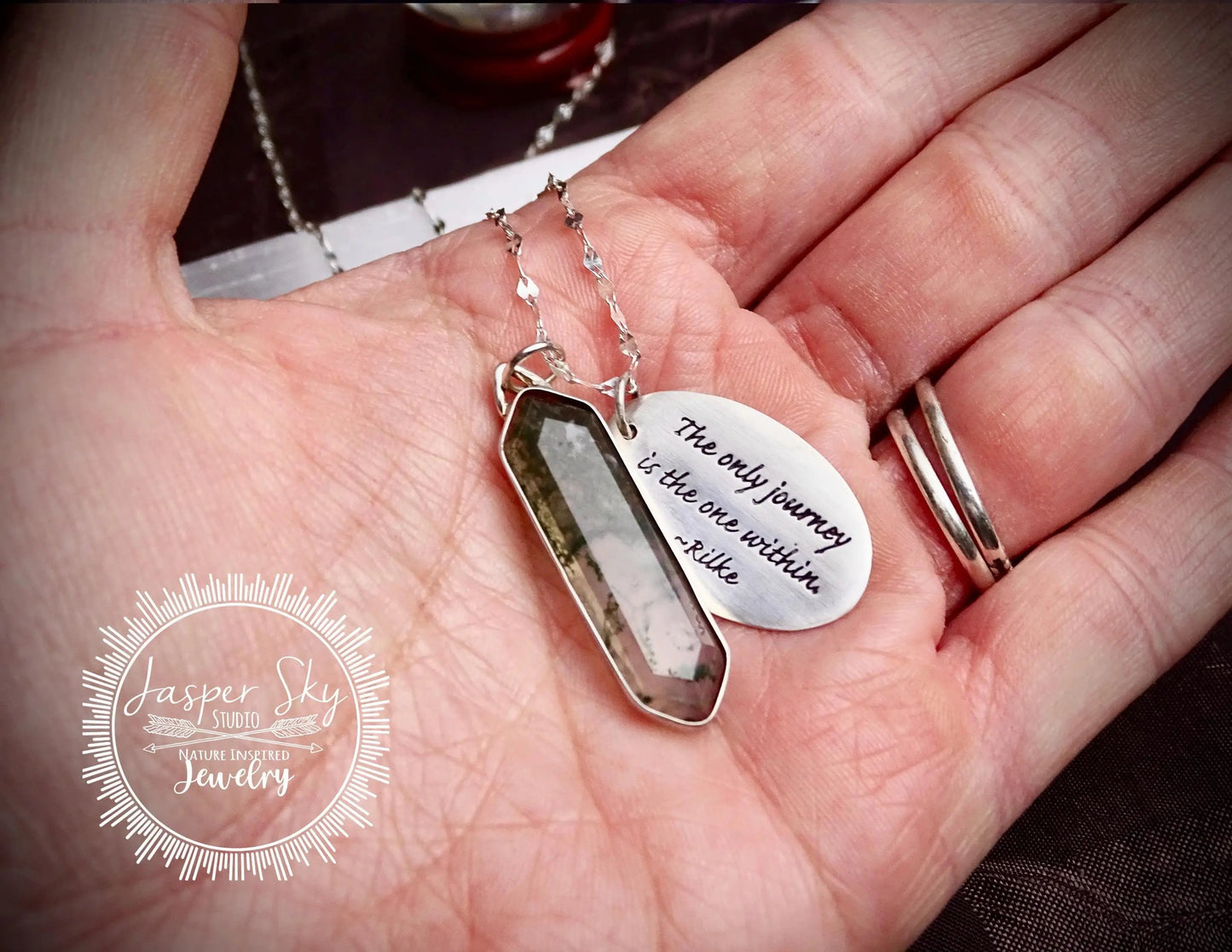Engraved Moss Agate Pendant - Sterling Silver Rilke Quote - Inspirational Journey Gift   - Unique Holiday Gift